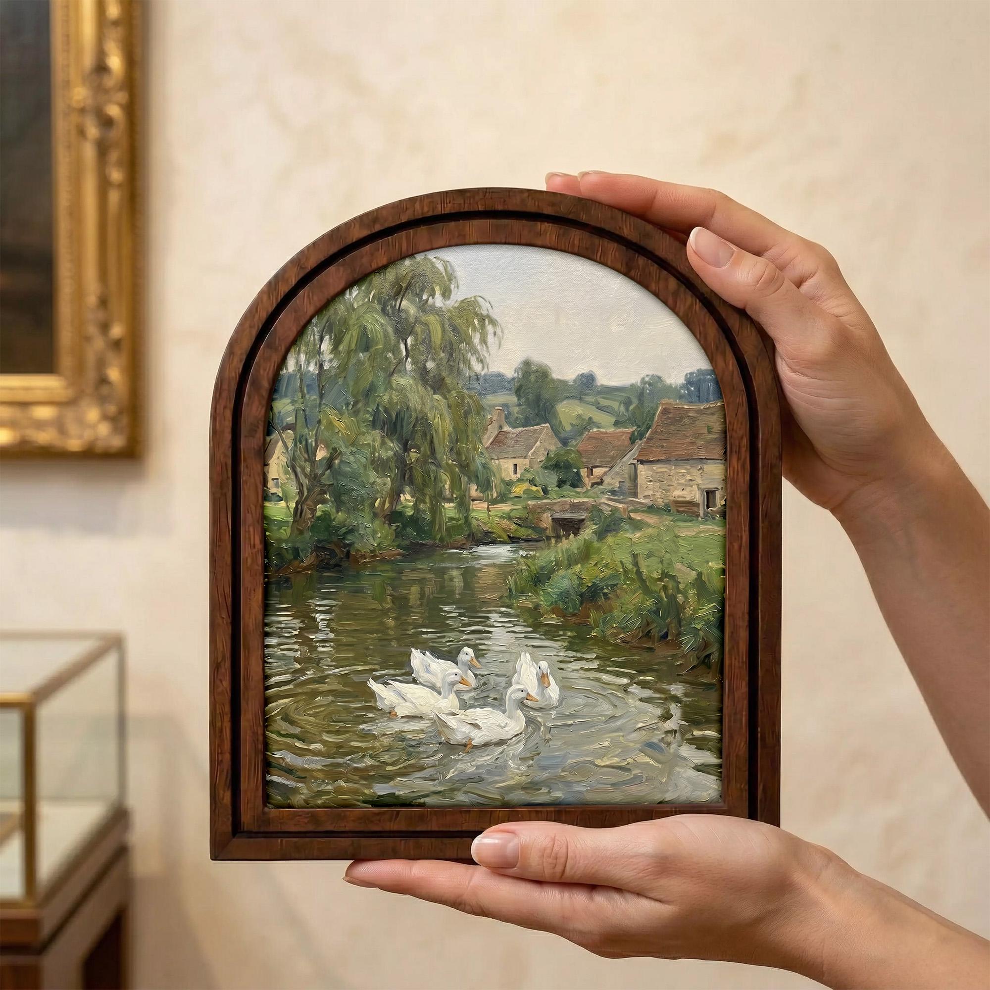 Country River Painting, Vintage Duck Art, Old European Village Landscape, Arched Wood Frame, Farmhouse Wall Decor, Canvas Tabletop Frame
