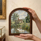 English Cottage Painting, Vintage Country Landscape, Duck Pond Oil Painting, Arched Wood Frame, Farmhouse Wall Art, Cottagecore Decor