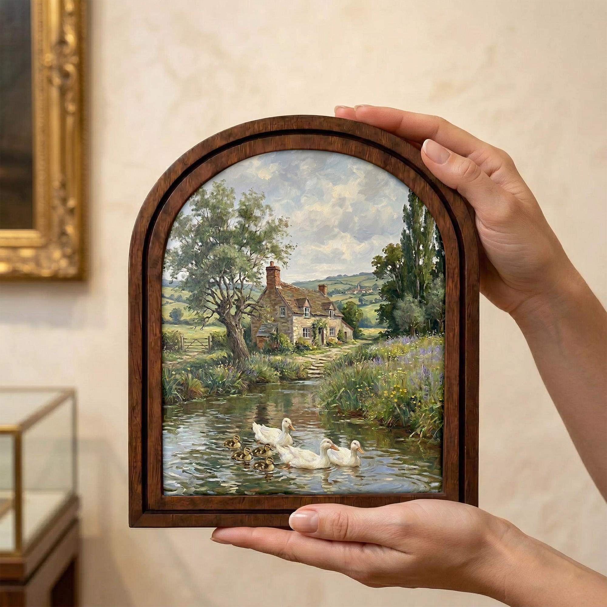 English Cottage Painting, Vintage Country Landscape, Duck Pond Oil Painting, Arched Wood Frame, Farmhouse Wall Art, Cottagecore Decor