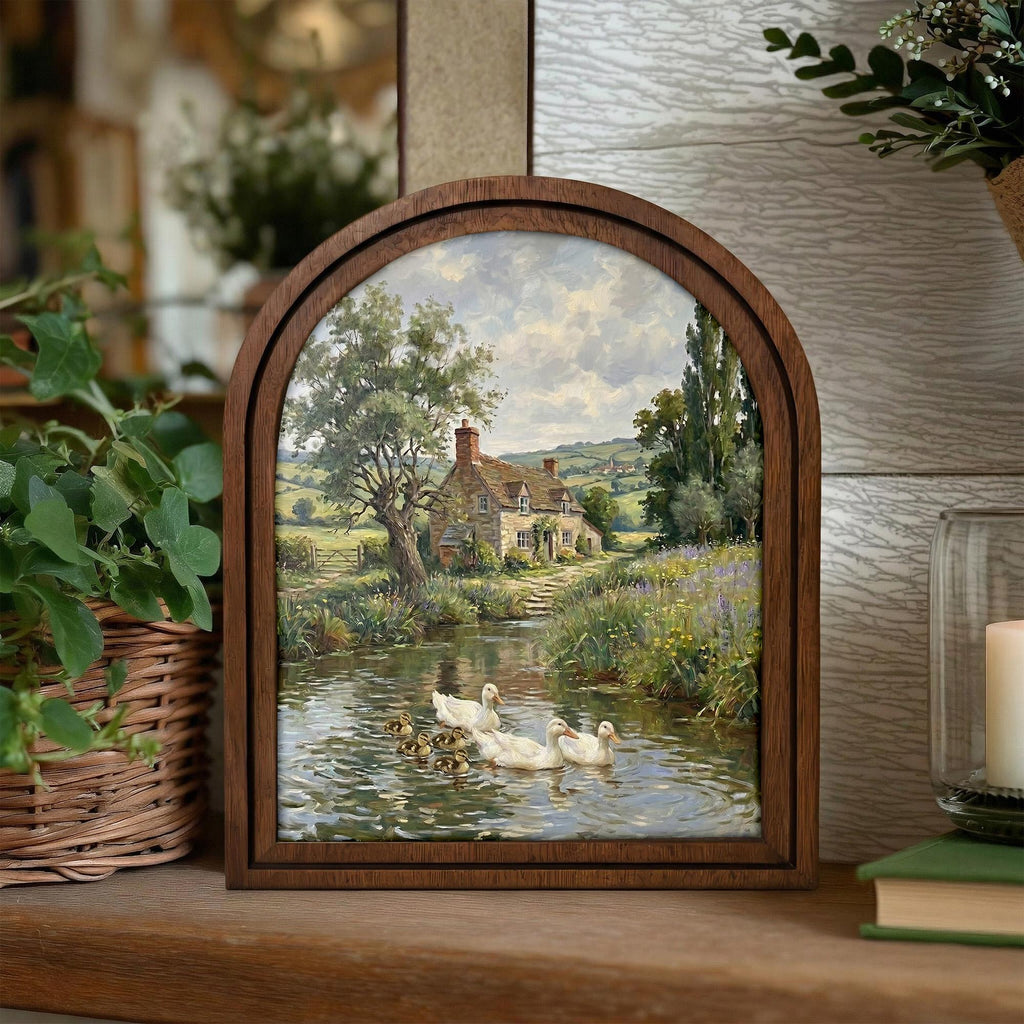 English Cottage Painting, Vintage Country Landscape, Duck Pond Oil Painting, Arched Wood Frame, Farmhouse Wall Art, Cottagecore Decor