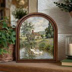 English Cottage Painting, Vintage Country Landscape, Duck Pond Oil Painting, Arched Wood Frame, Farmhouse Wall Art, Cottagecore Decor
