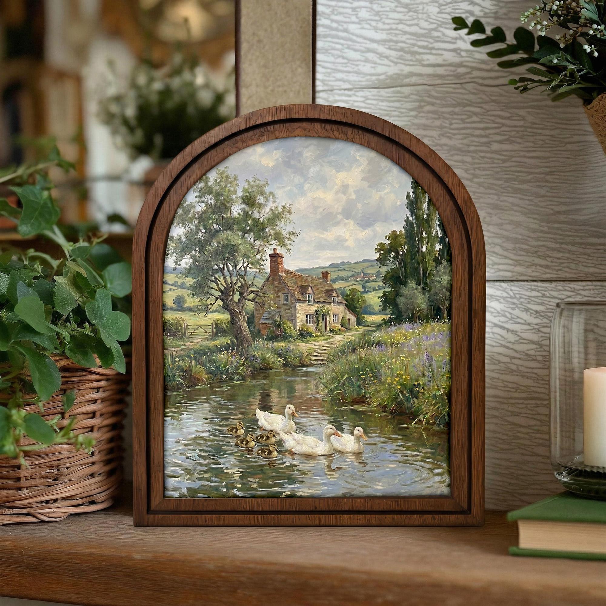 English Cottage Painting, Vintage Country Landscape, Duck Pond Oil Painting, Arched Wood Frame, Farmhouse Wall Art, Cottagecore Decor