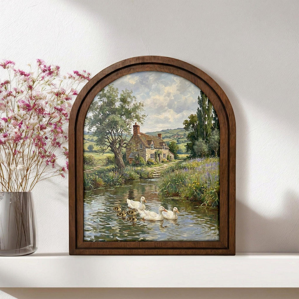 English Cottage Painting, Vintage Country Landscape, Duck Pond Oil Painting, Arched Wood Frame, Farmhouse Wall Art, Cottagecore Decor