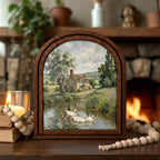 English Cottage Painting, Vintage Country Landscape, Duck Pond Oil Painting, Arched Wood Frame, Farmhouse Wall Art, Cottagecore Decor