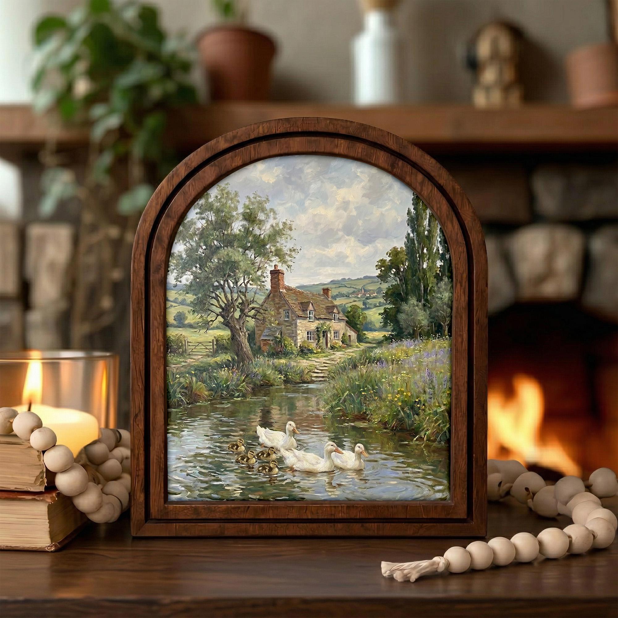 English Cottage Painting, Vintage Country Landscape, Duck Pond Oil Painting, Arched Wood Frame, Farmhouse Wall Art, Cottagecore Decor