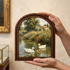 Countryside Duck Painting, Vintage Farmhouse Art, Duck Family Landscape, Arched Wood Frame, Cottagecore Wall Decor, Tabletop Frame Art