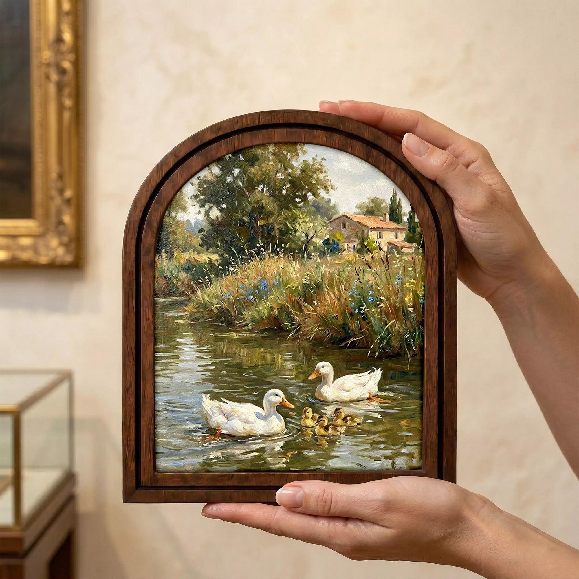 Countryside Duck Painting, Vintage Farmhouse Art, Duck Family Landscape, Arched Wood Frame, Cottagecore Wall Decor, Tabletop Frame Art
