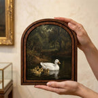 Duck Oil Painting, Vintage Duck Art, Mother Duck and Ducklings, Arched Wood Frame, Rustic Farmhouse Decor, Canvas Wall Art, Tabletop Frame