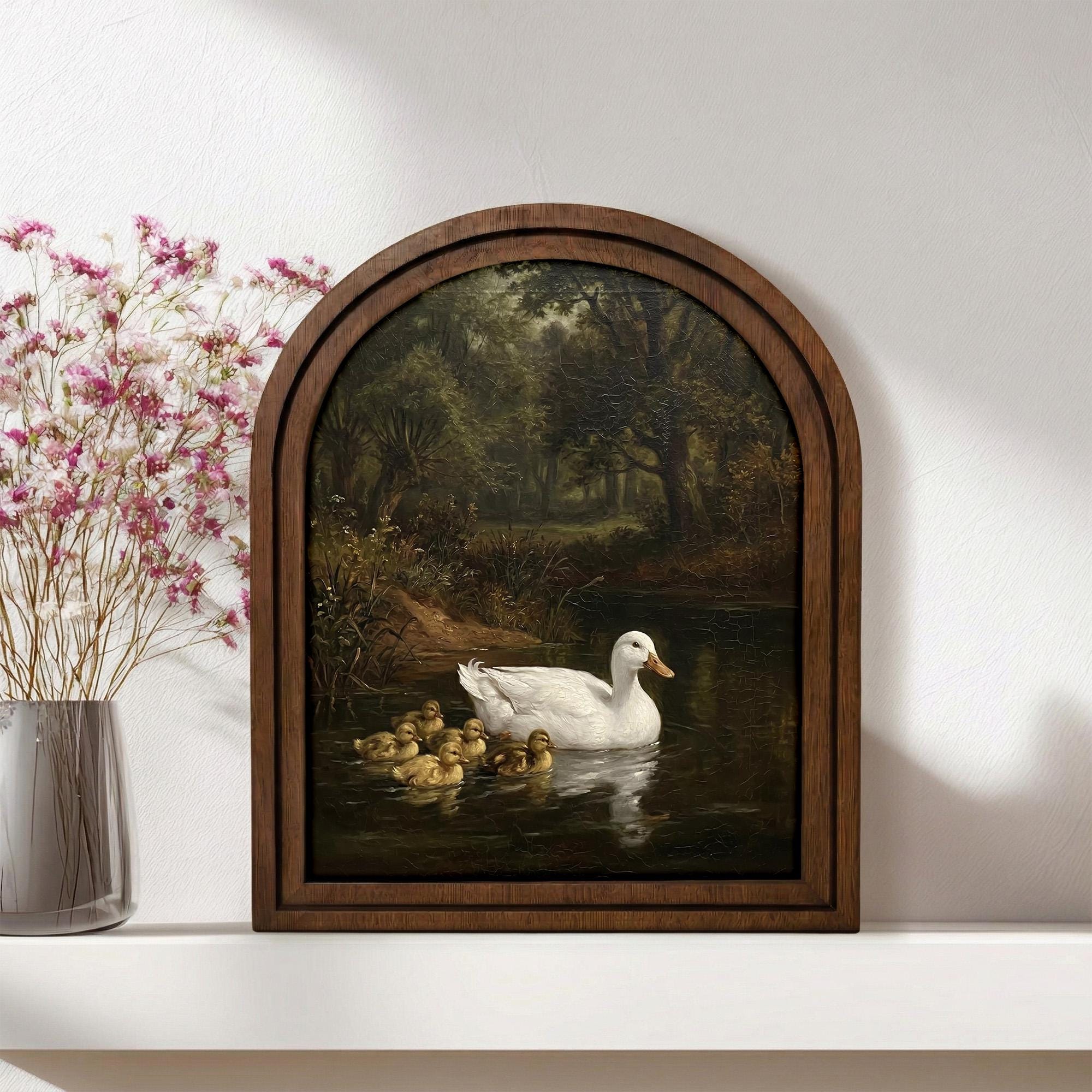 Duck Oil Painting, Vintage Duck Art, Mother Duck and Ducklings, Arched Wood Frame, Rustic Farmhouse Decor, Canvas Wall Art, Tabletop Frame