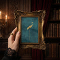Gold Crane Wall Art, Teal Chinoiserie Decor, Ornate Gold Picture Frame, Heron Canvas Painting, Dark Academia Art, Vintage Style Decor