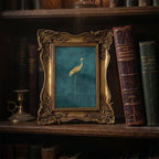 Gold Crane Wall Art, Teal Chinoiserie Decor, Ornate Gold Picture Frame, Heron Canvas Painting, Dark Academia Art, Vintage Style Decor