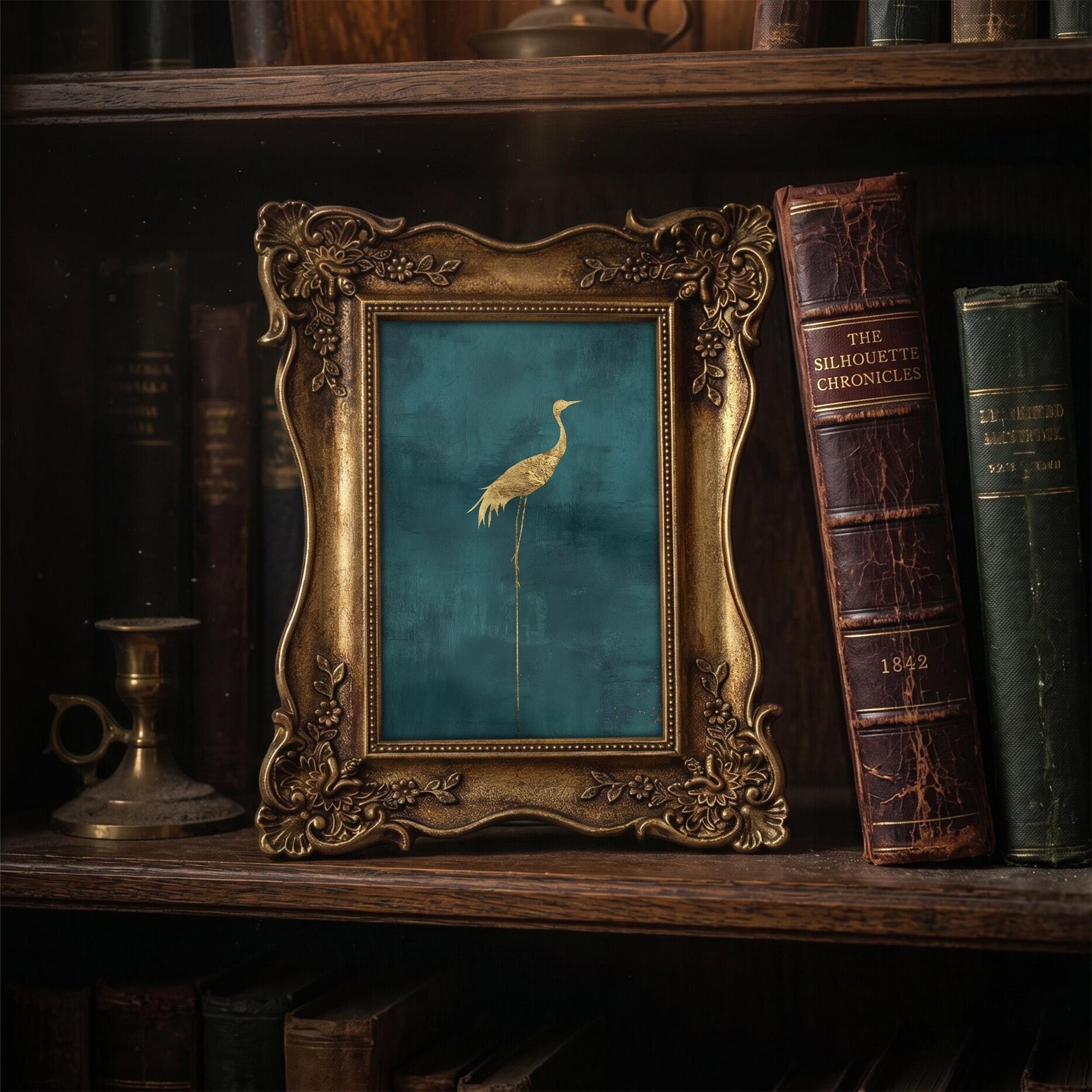 Gold Crane Wall Art, Teal Chinoiserie Decor, Ornate Gold Picture Frame, Heron Canvas Painting, Dark Academia Art, Vintage Style Decor