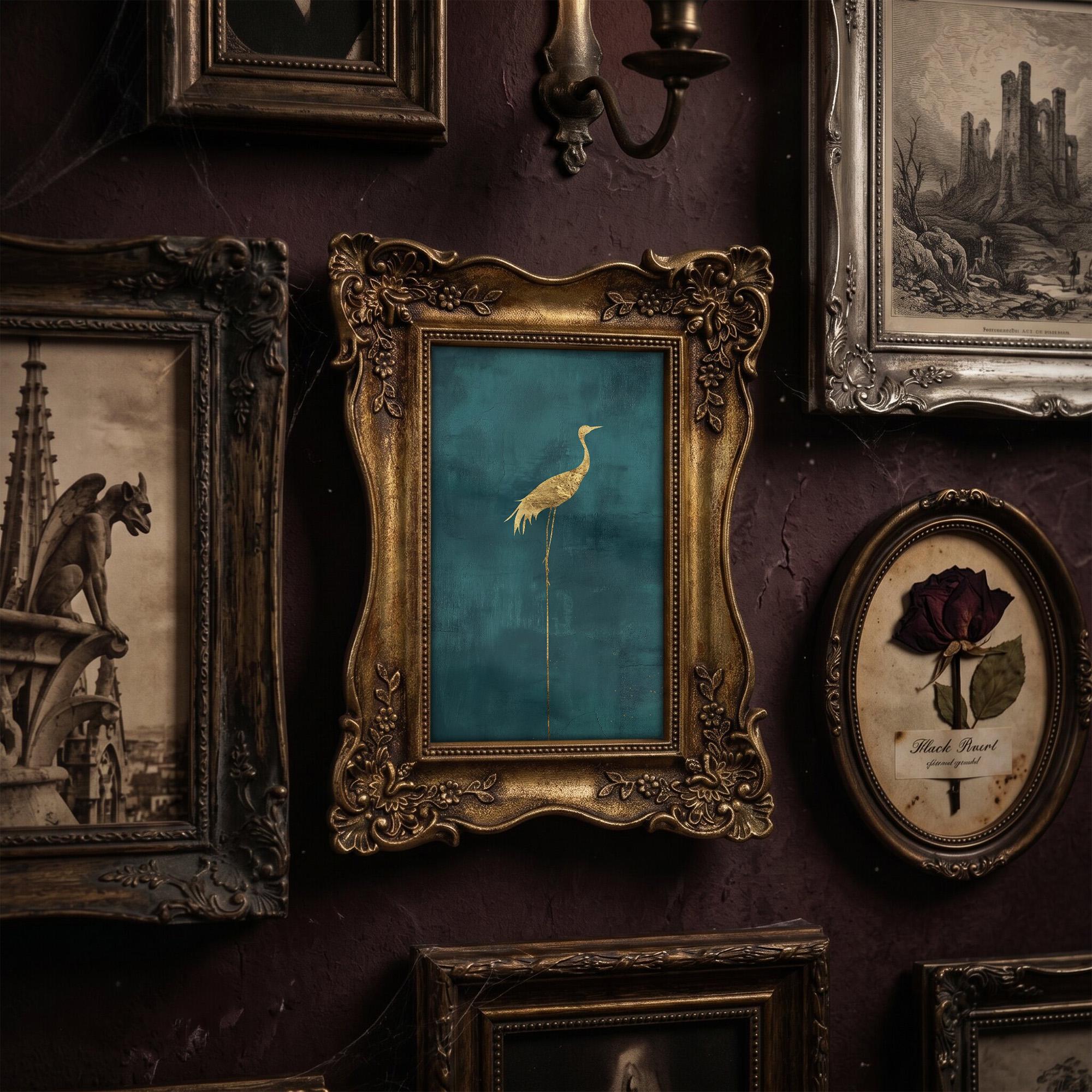 Gold Crane Wall Art, Teal Chinoiserie Decor, Ornate Gold Picture Frame, Heron Canvas Painting, Dark Academia Art, Vintage Style Decor
