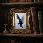 Dark Academia Crow Art Gold Ornate Picture Frame, Gothic Wall Decor, Moody Raven Painting on Canvas, Victorian Style Framed Art, 6.7x8.7 in