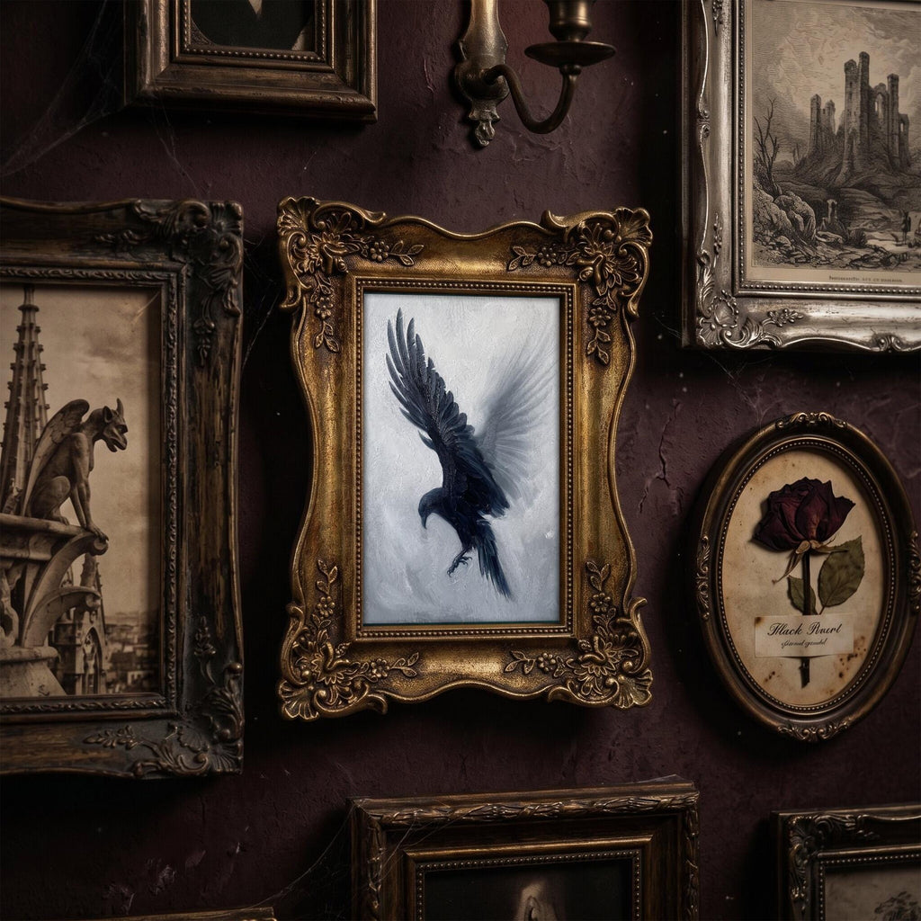 Dark Academia Crow Art Gold Ornate Picture Frame, Gothic Wall Decor, Moody Raven Painting on Canvas, Victorian Style Framed Art, 6.7x8.7 in