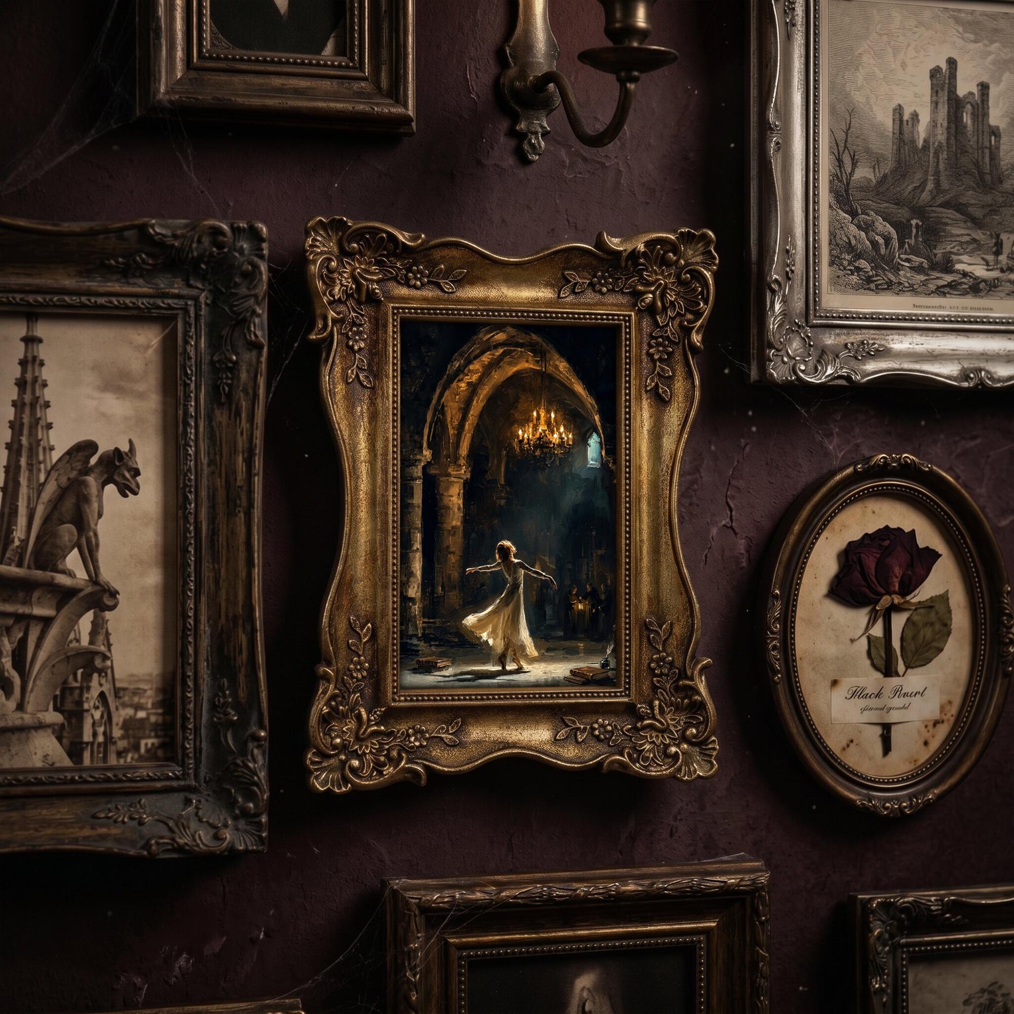 Dark Academia Art Dancing Girl in Castle Canvas Print, Vintage Gold Ornate Frame, Romantic Gothic Wall Art, Ballerina Gift, 6.7x8.7 Inches