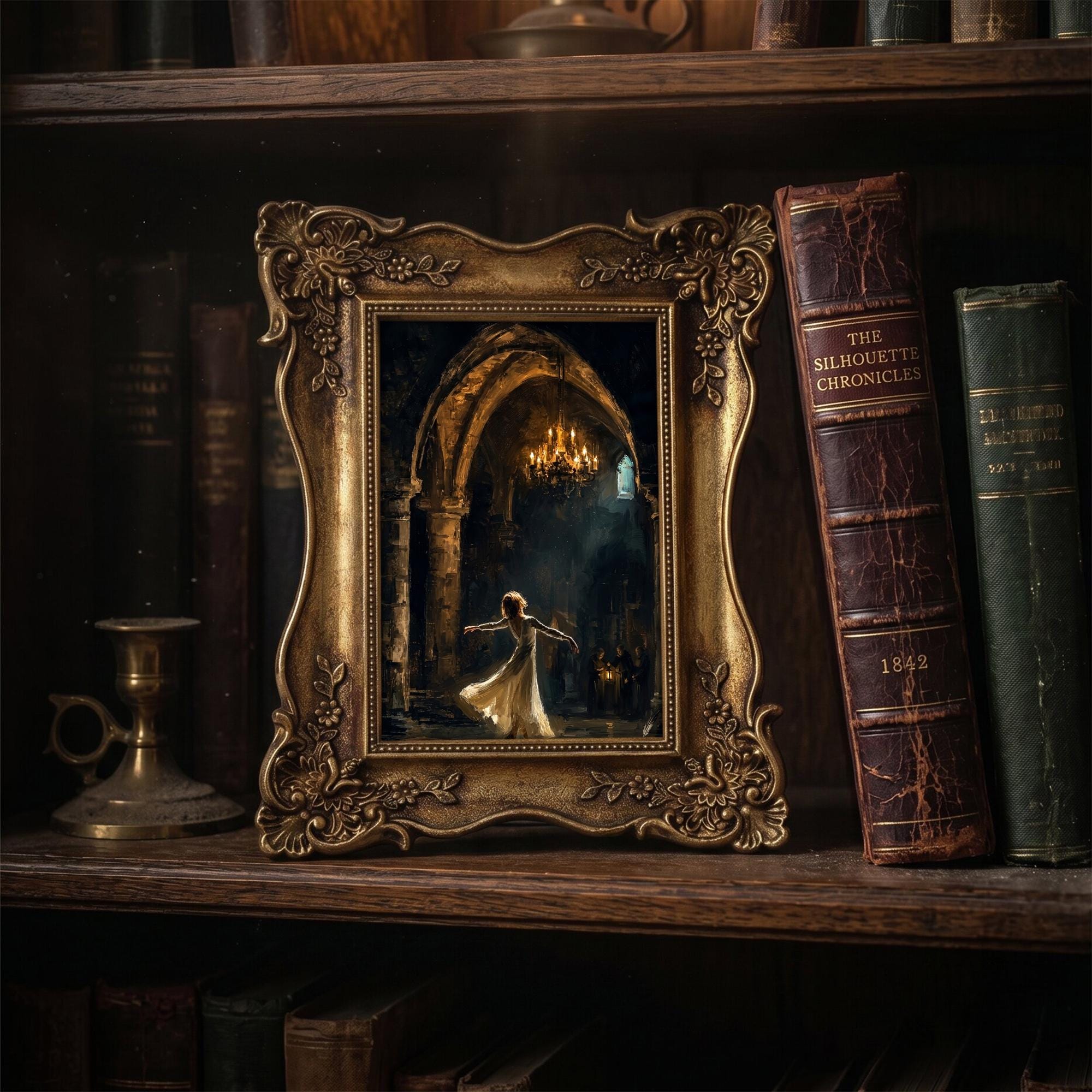 Dark Academia Art Dancing Girl in Castle Canvas Print, Vintage Gold Ornate Frame, Romantic Gothic Wall Art, Ballerina Gift, 6.7x8.7 Inches