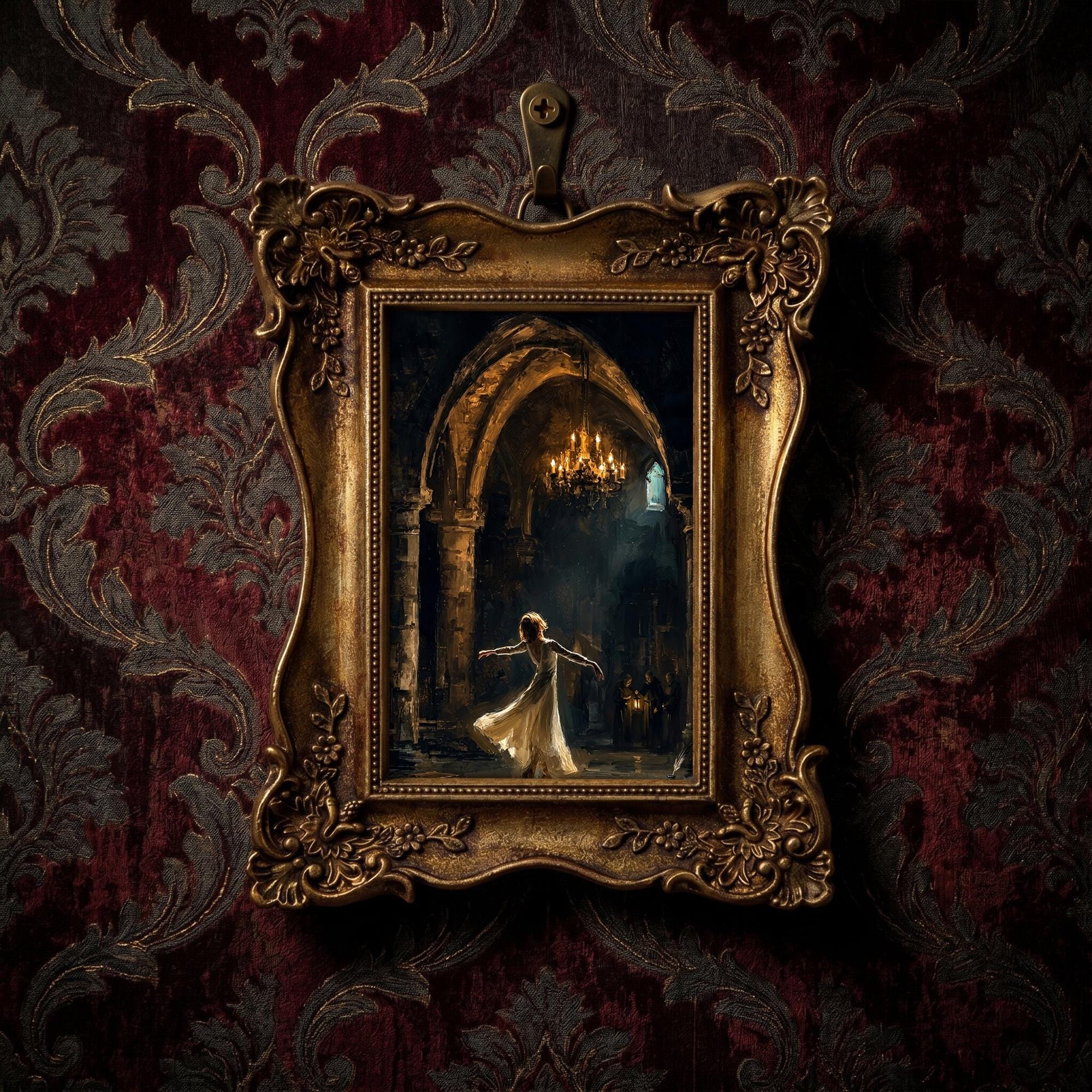 Dark Academia Art Dancing Girl in Castle Canvas Print, Vintage Gold Ornate Frame, Romantic Gothic Wall Art, Ballerina Gift, 6.7x8.7 Inches