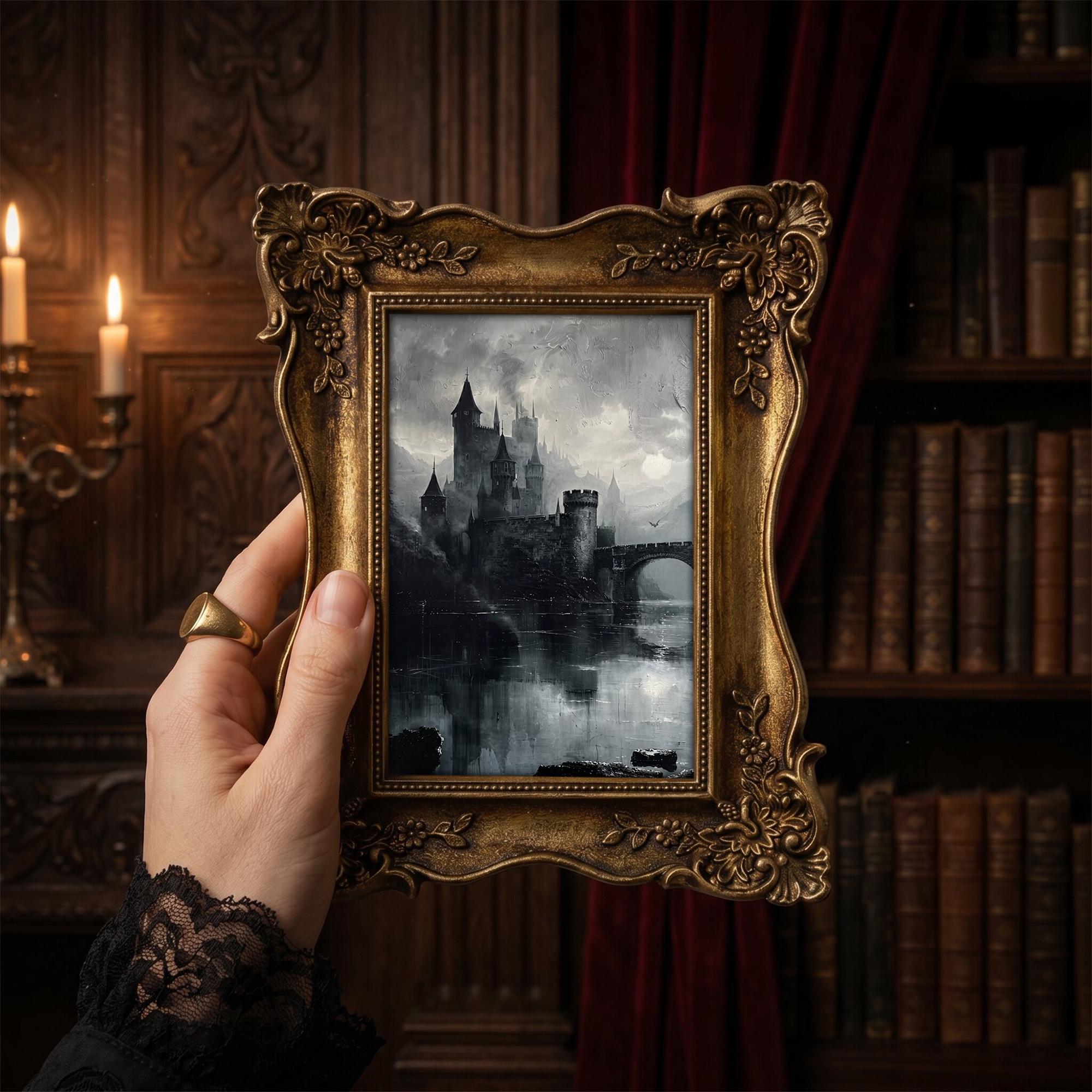 Gothic Castle Wall Art Medieval Painting in Vintage Gold Frame, Dark Academia Canvas Print, Spooky Home Decor, Victorian Gift 6.7x8.7 Inches