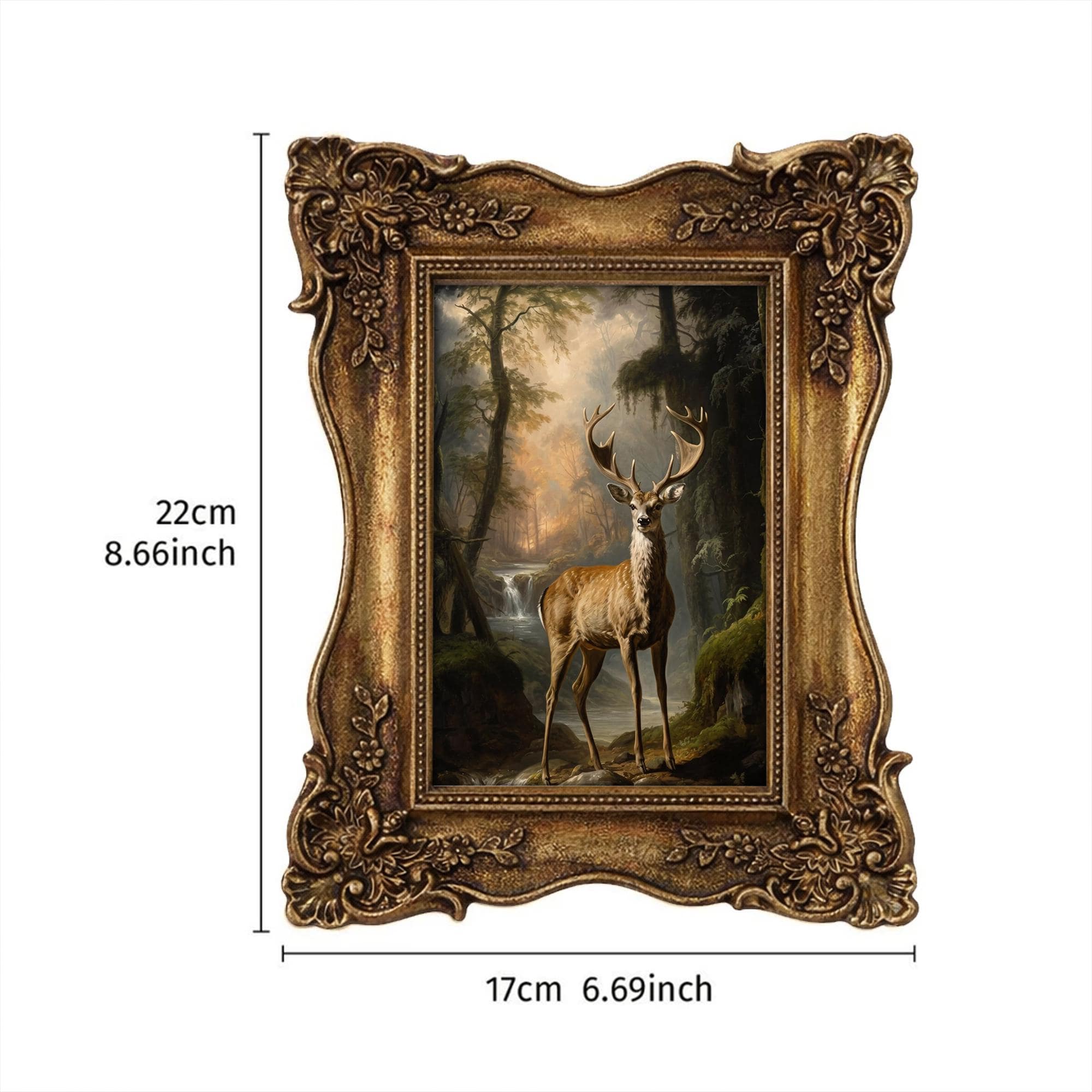 Vintage Stag Deer Painting Forest Landscape in Gold Ornate Frame, Wildlife Canvas Art, Dark Academia Decor, Rustic Cabin Gift 6.7x8.7 Inches