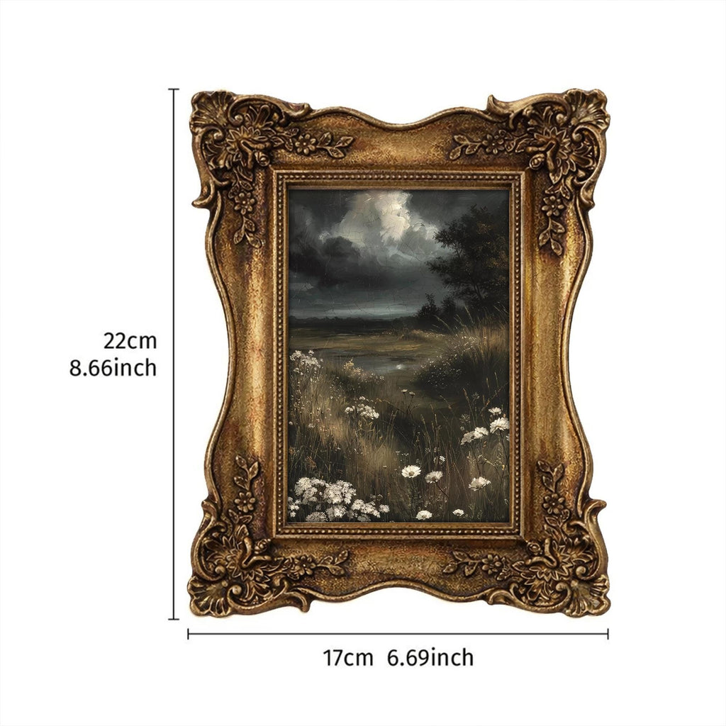 Dark Academia Wall Art Moody Landscape Canvas Print in Vintage Gold Frame, Gothic Meadow Painting, Wildflower Decor, Alt Gift 6.7x8.7 Inches