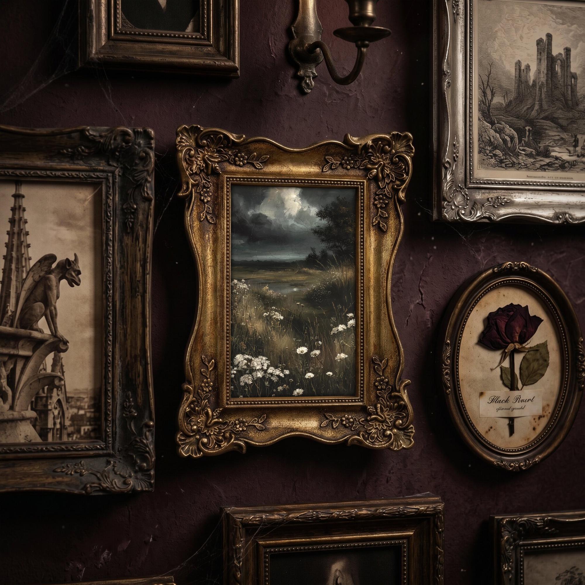 Dark Academia Wall Art Moody Landscape Canvas Print in Vintage Gold Frame, Gothic Meadow Painting, Wildflower Decor, Alt Gift 6.7x8.7 Inches