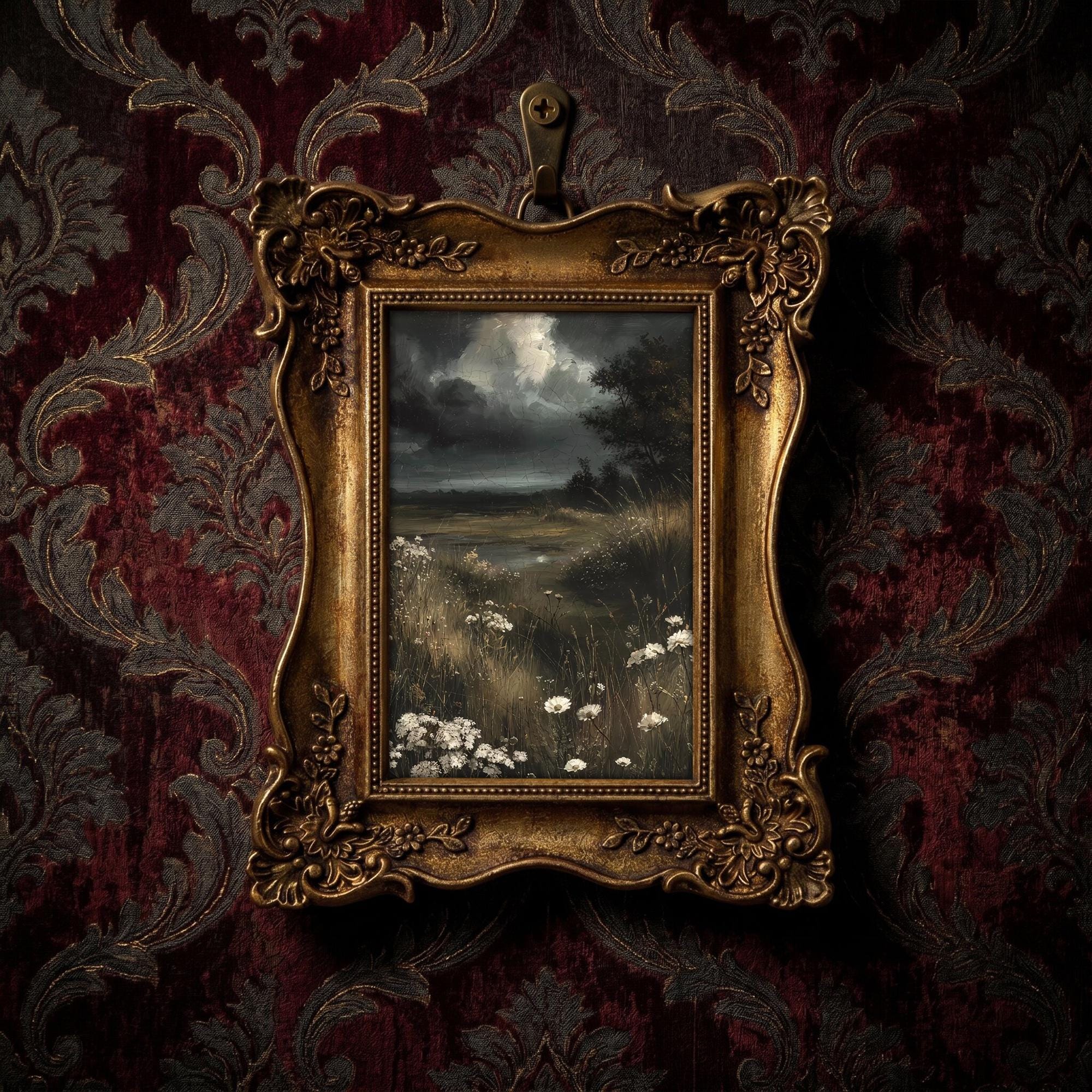 Dark Academia Wall Art Moody Landscape Canvas Print in Vintage Gold Frame, Gothic Meadow Painting, Wildflower Decor, Alt Gift 6.7x8.7 Inches