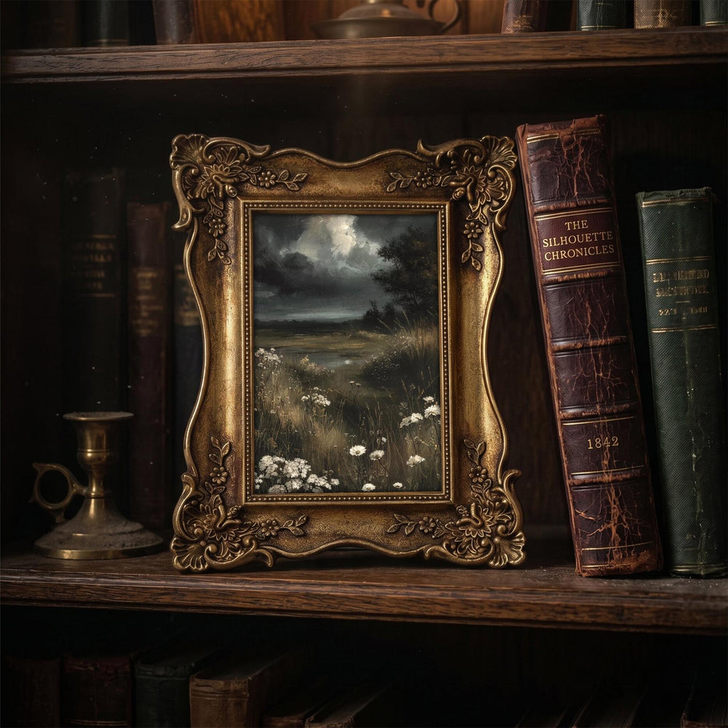 Dark Academia Wall Art Moody Landscape Canvas Print in Vintage Gold Frame, Gothic Meadow Painting, Wildflower Decor, Alt Gift 6.7x8.7 Inches