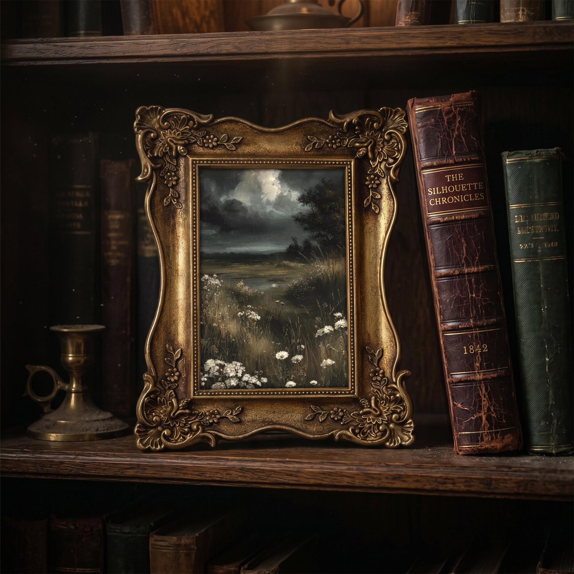 Dark Academia Wall Art Moody Landscape Canvas Print in Vintage Gold Frame, Gothic Meadow Painting, Wildflower Decor, Alt Gift 6.7x8.7 Inches