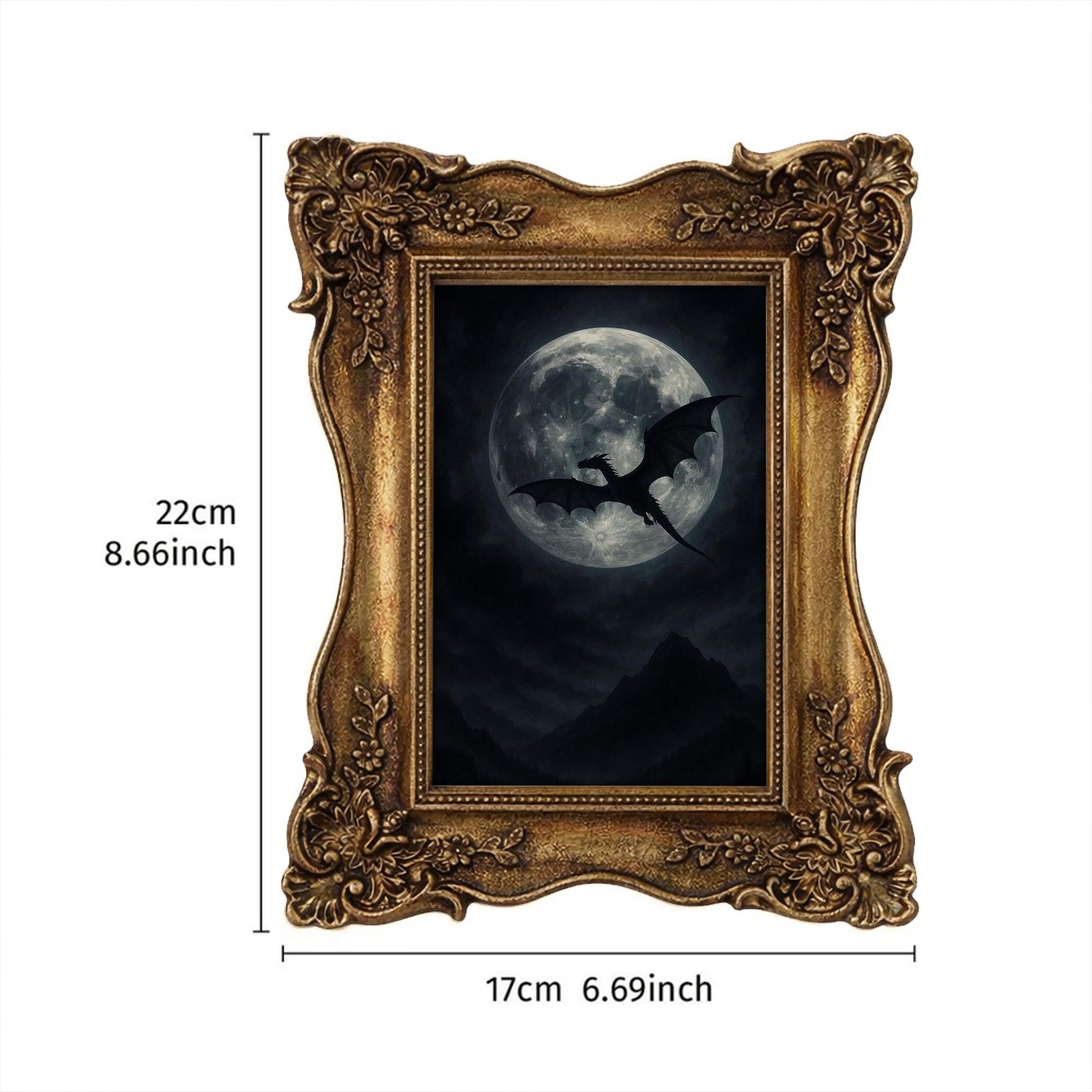 Dragon Wall Art Full Moon Canvas Print in Vintage Gold Frame, Gothic Fantasy Home Decor, Dark Academia Aesthetic, Mythical Gift 6.7x8.7“