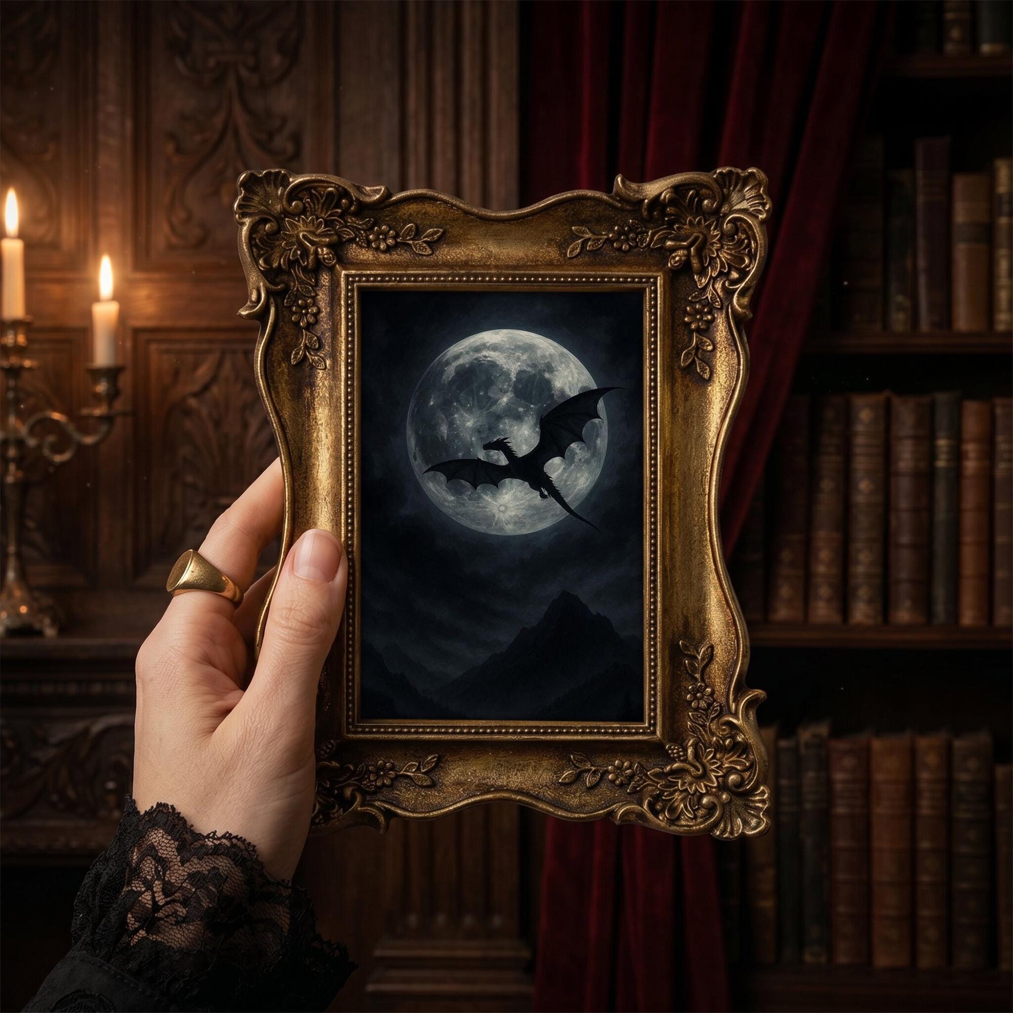 Dragon Wall Art Full Moon Canvas Print in Vintage Gold Frame, Gothic Fantasy Home Decor, Dark Academia Aesthetic, Mythical Gift 6.7x8.7“