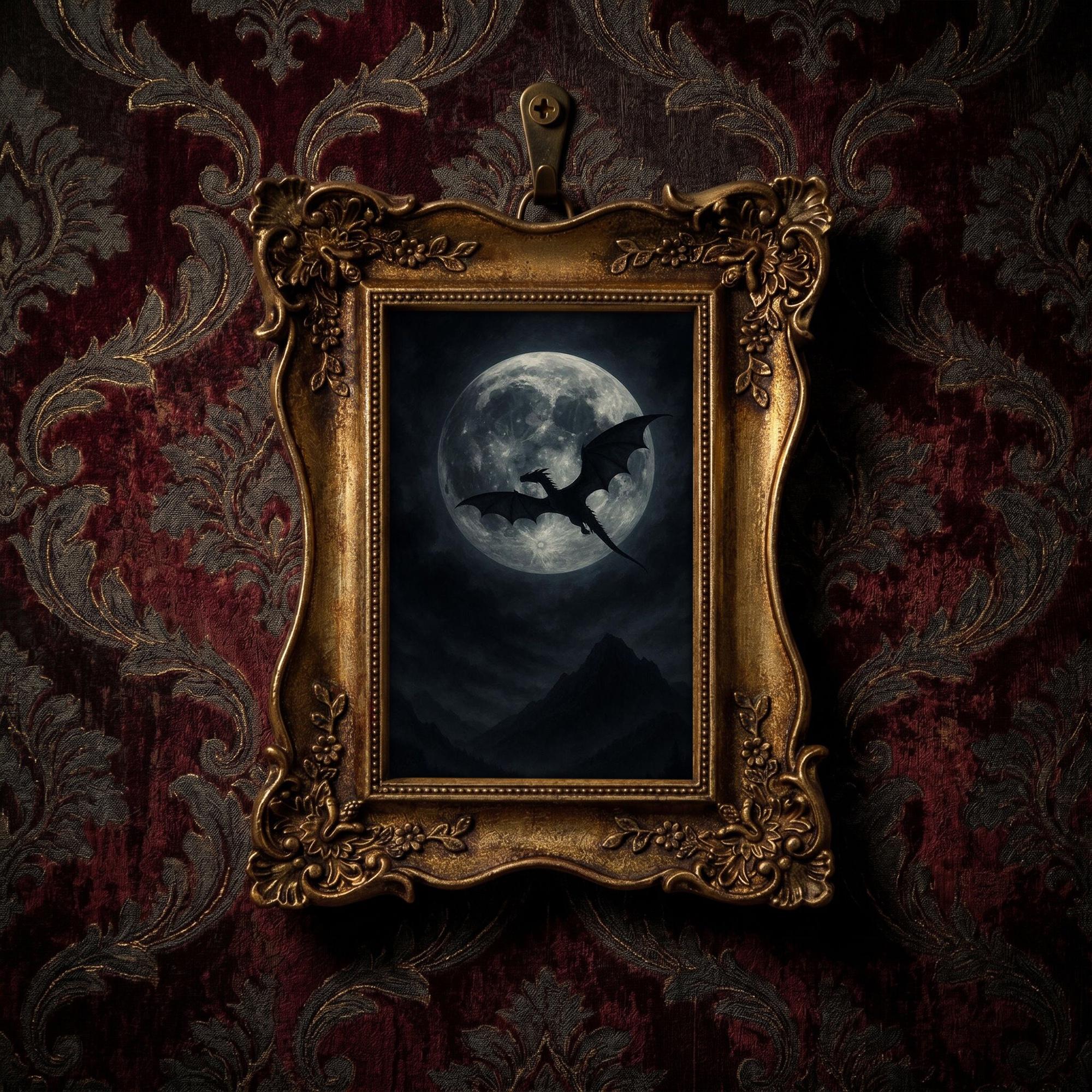 Dragon Wall Art Full Moon Canvas Print in Vintage Gold Frame, Gothic Fantasy Home Decor, Dark Academia Aesthetic, Mythical Gift 6.7x8.7“