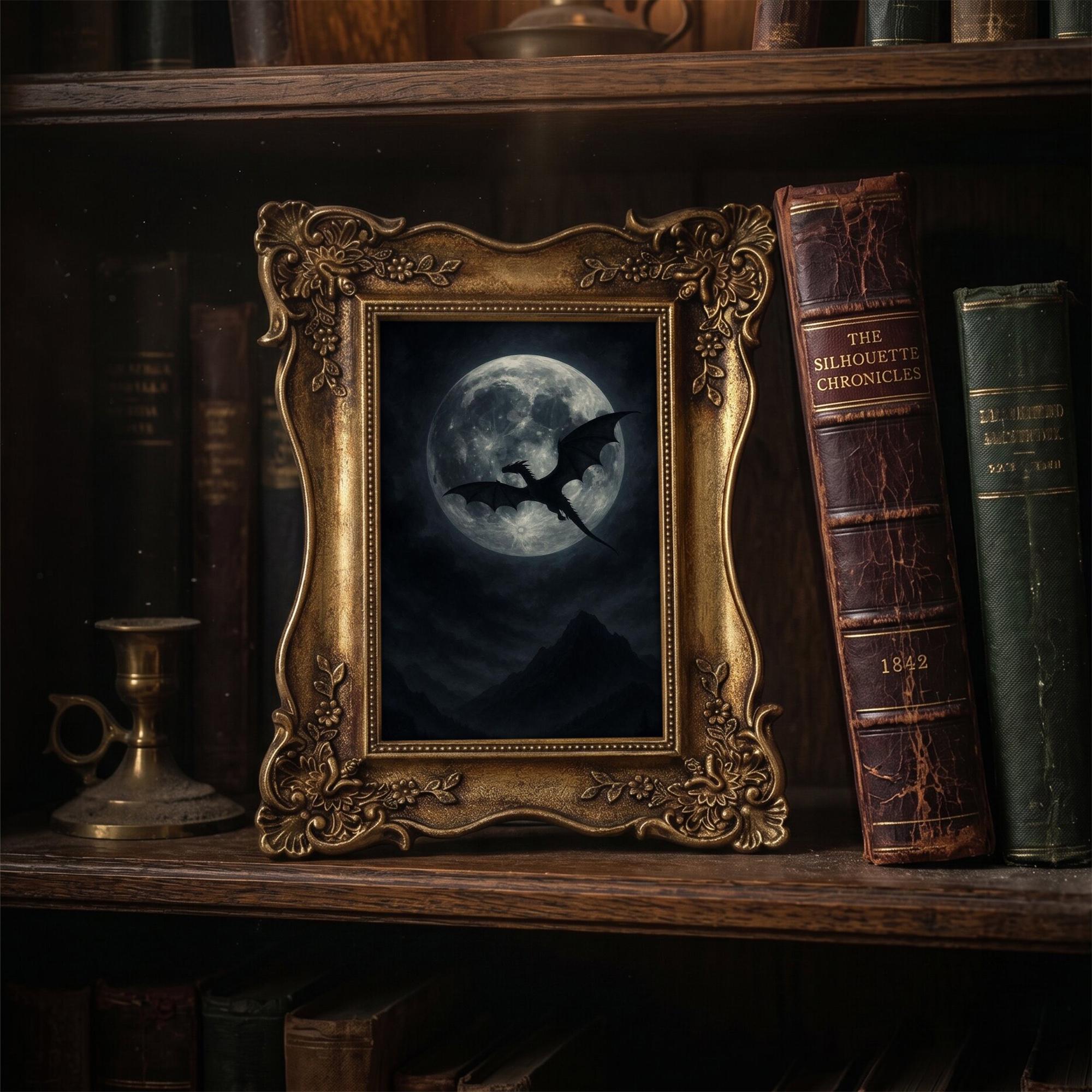 Dragon Wall Art Full Moon Canvas Print in Vintage Gold Frame, Gothic Fantasy Home Decor, Dark Academia Aesthetic, Mythical Gift 6.7x8.7“