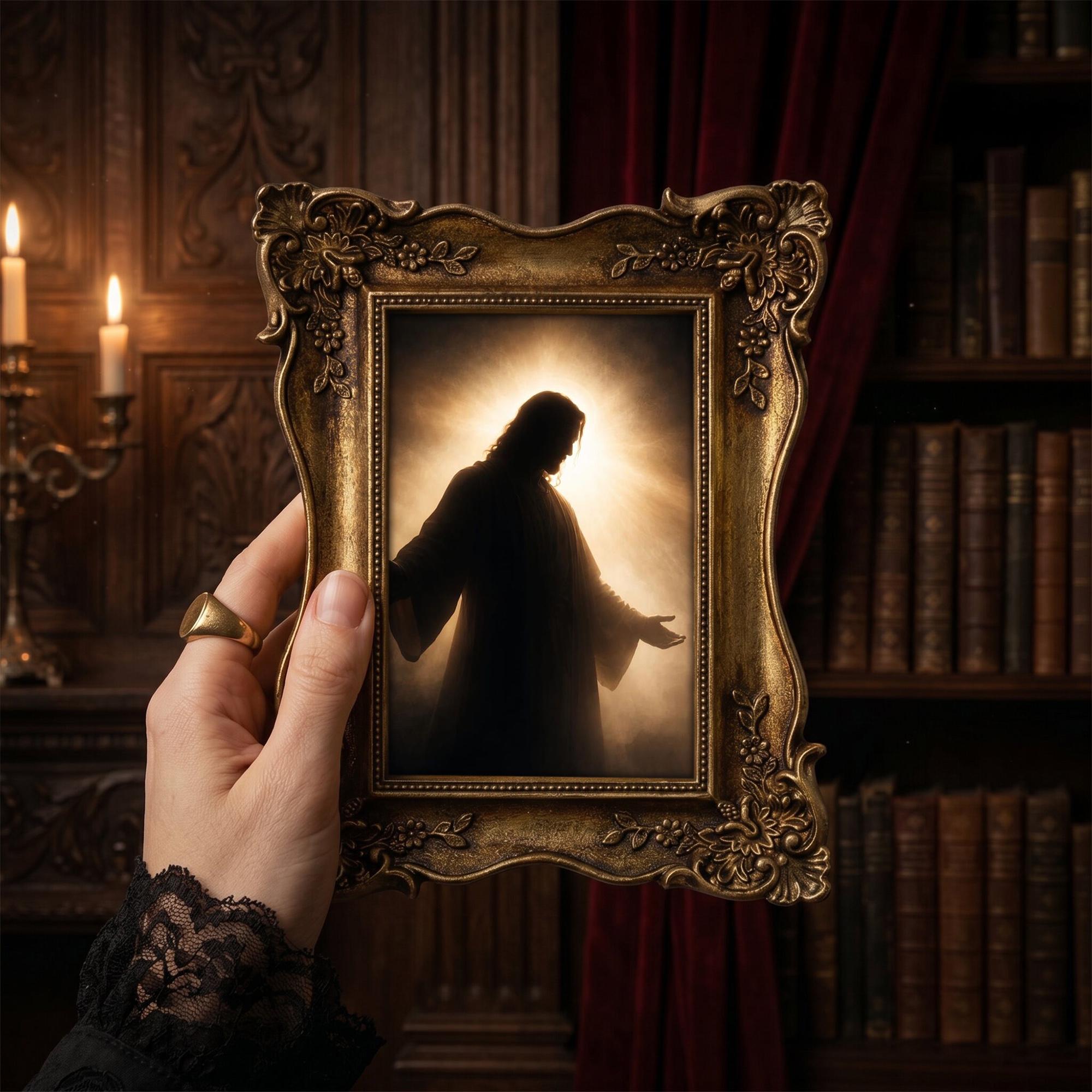 Jesus Wall Art Christian Home Decor in Vintage Gold Frame, Religious Canvas Print, Christ Silhouette Art, Catholic Gift, Small Decor
