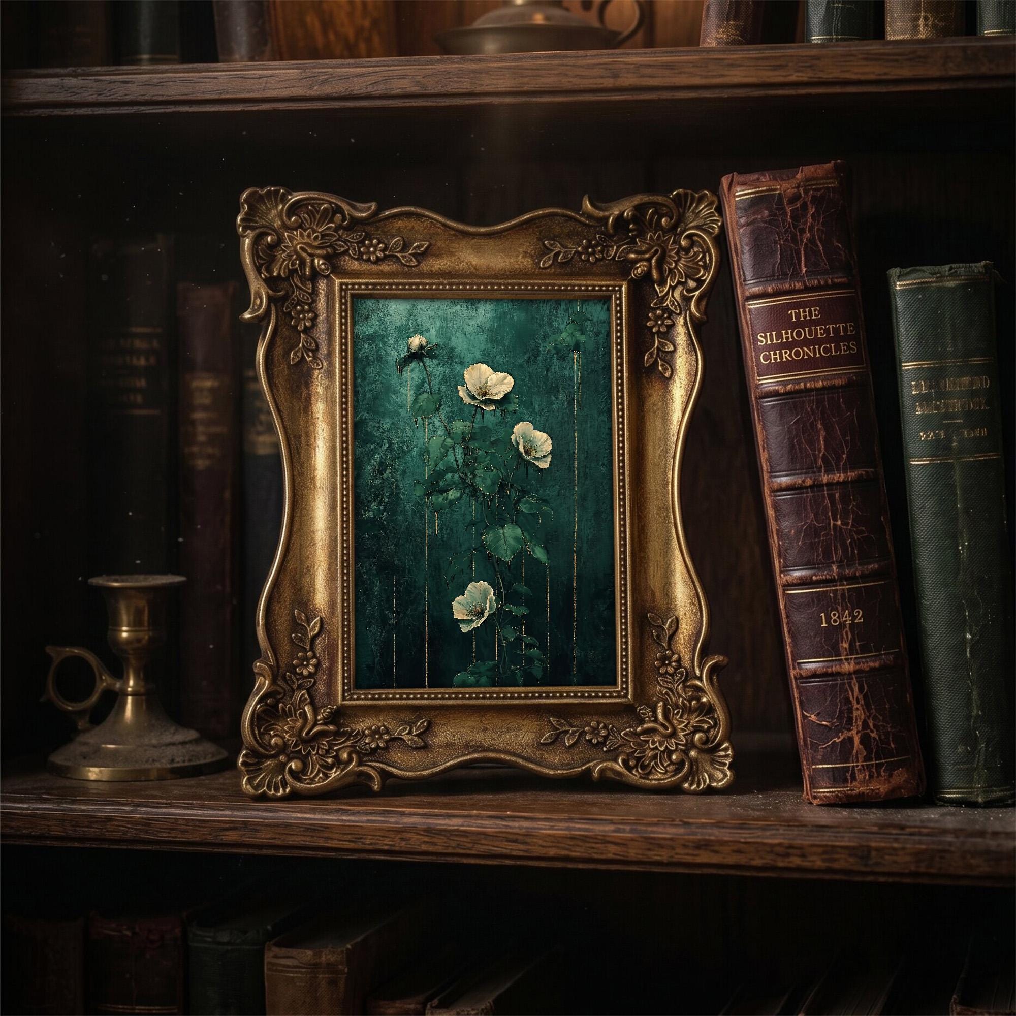 Dark Academia Wall Art Moody Floral Canvas Print in Vintage Gold Frame, Victorian Style Flower Painting, Aesthetic Shelf Decor 6.7x8.7“