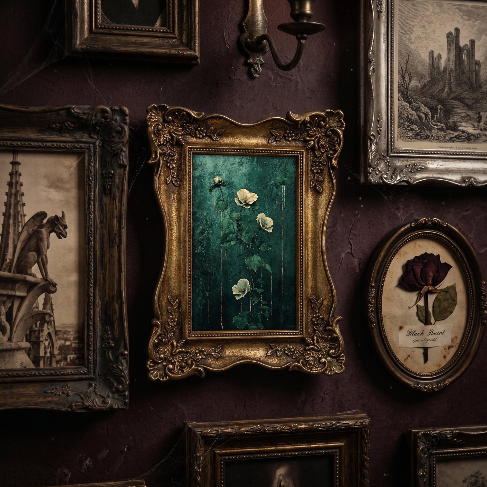 Dark Academia Wall Art Moody Floral Canvas Print in Vintage Gold Frame, Victorian Style Flower Painting, Aesthetic Shelf Decor 6.7x8.7“