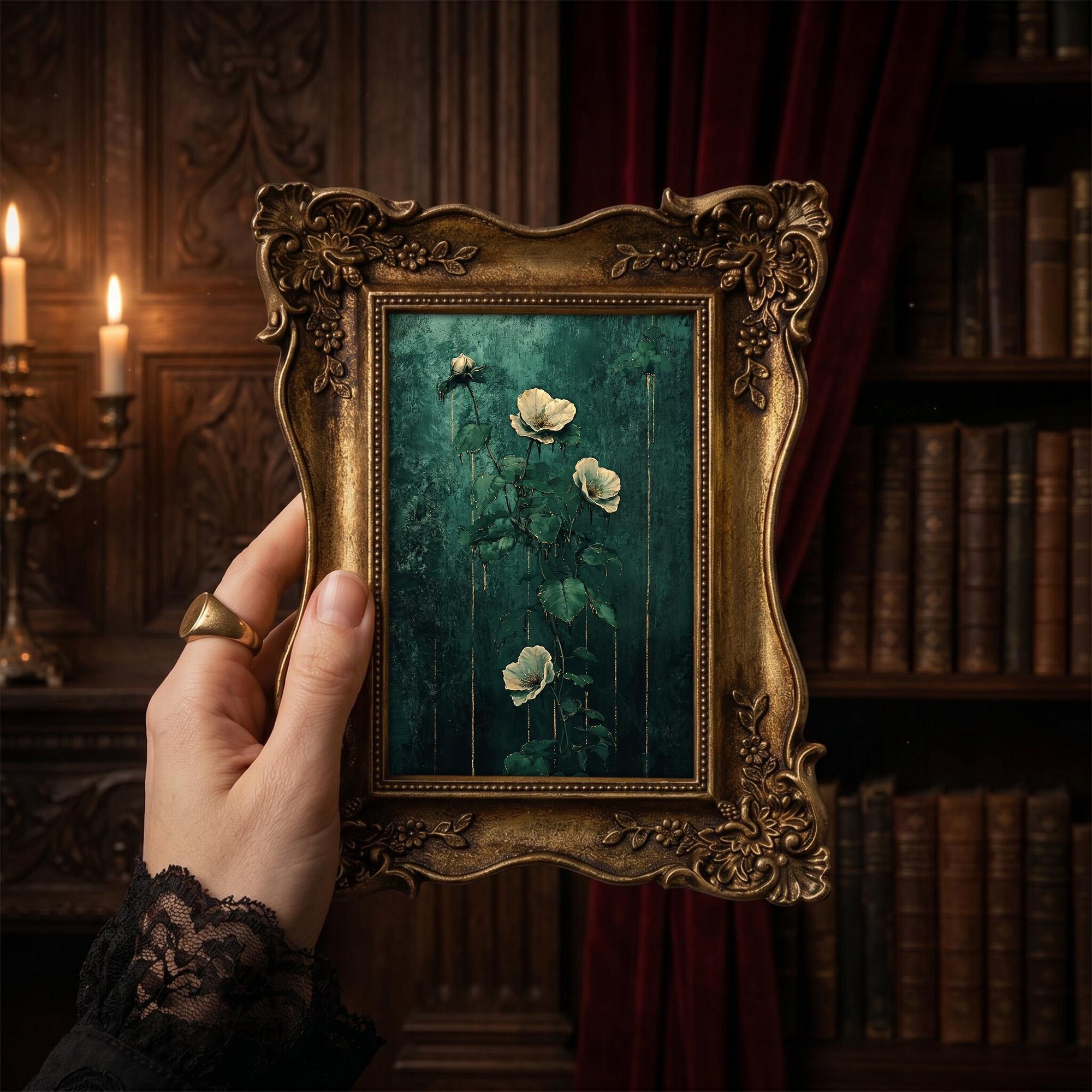 Dark Academia Wall Art Moody Floral Canvas Print in Vintage Gold Frame, Victorian Style Flower Painting, Aesthetic Shelf Decor 6.7x8.7“