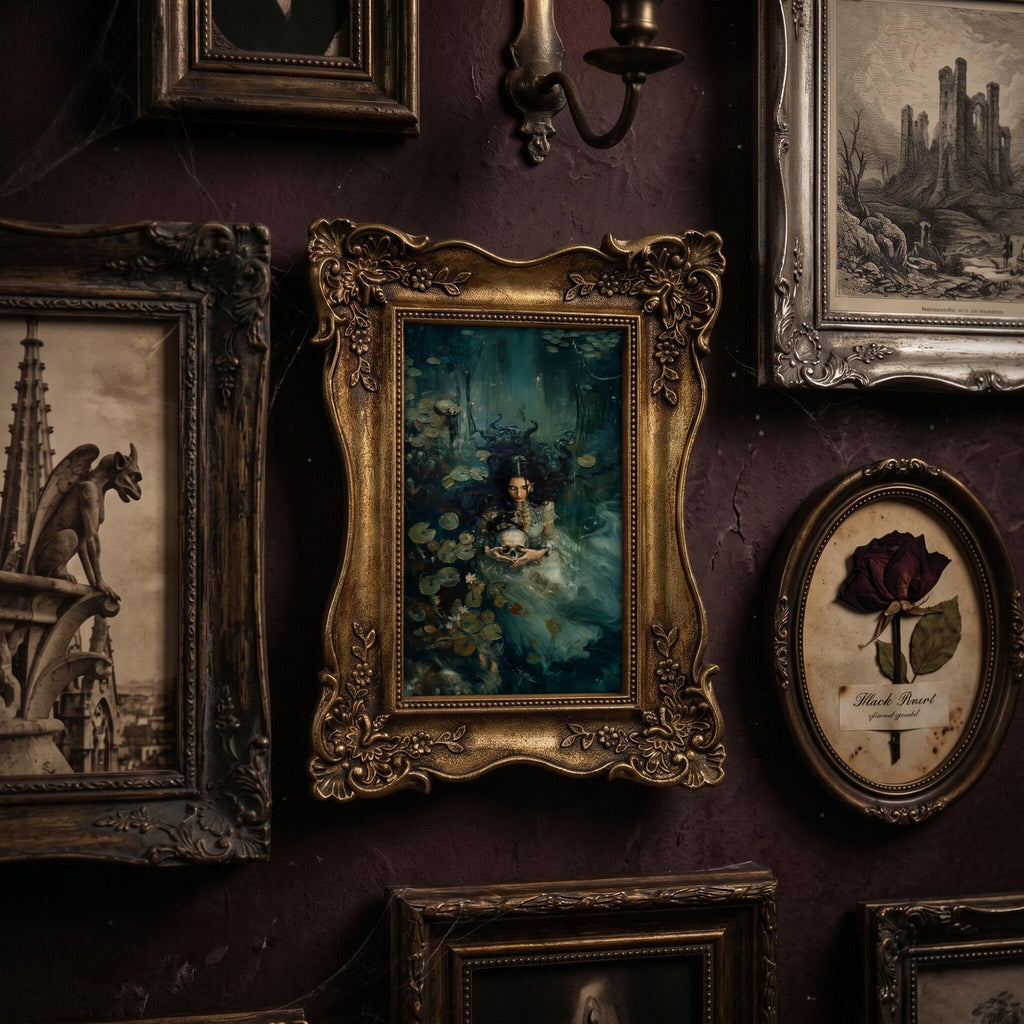 Dark Academia Art, Victorian Gold Framed Painting, Gothic Wall Decor, Moody Ophelia Canvas Print, Ornate Gold Frame, Macabre Home Gift, Art