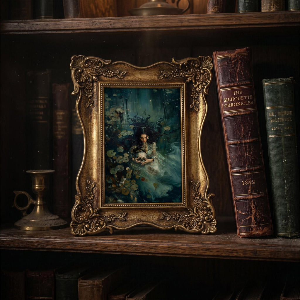 Dark Academia Art, Victorian Gold Framed Painting, Gothic Wall Decor, Moody Ophelia Canvas Print, Ornate Gold Frame, Macabre Home Gift, Art