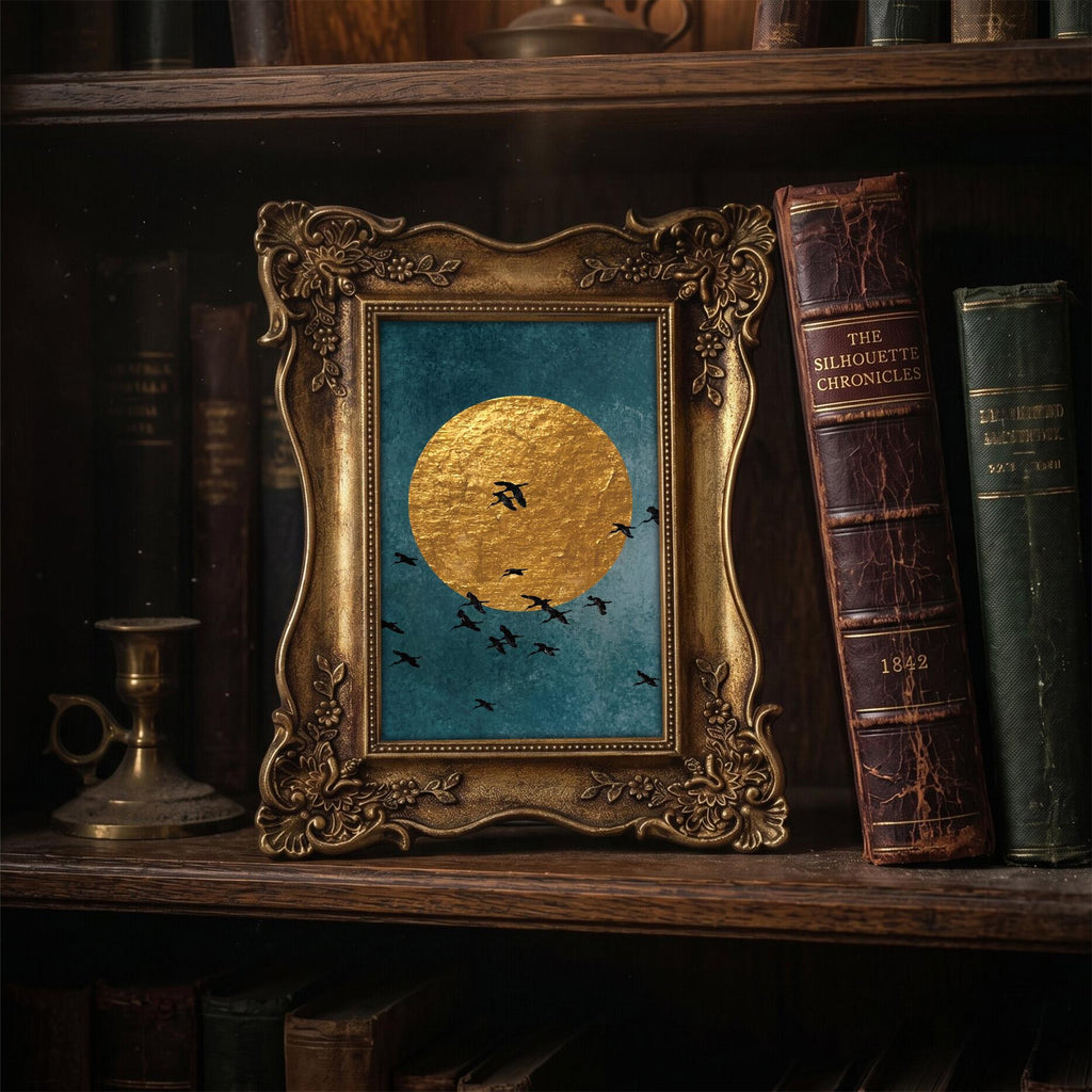 Gold Moon Wall Art, Birds Silhouette Gold Framed Print, Celestial Gold Leaf Decor, Victorian Gothic Wall Art, Ornate Gold Frame, Moody Gift