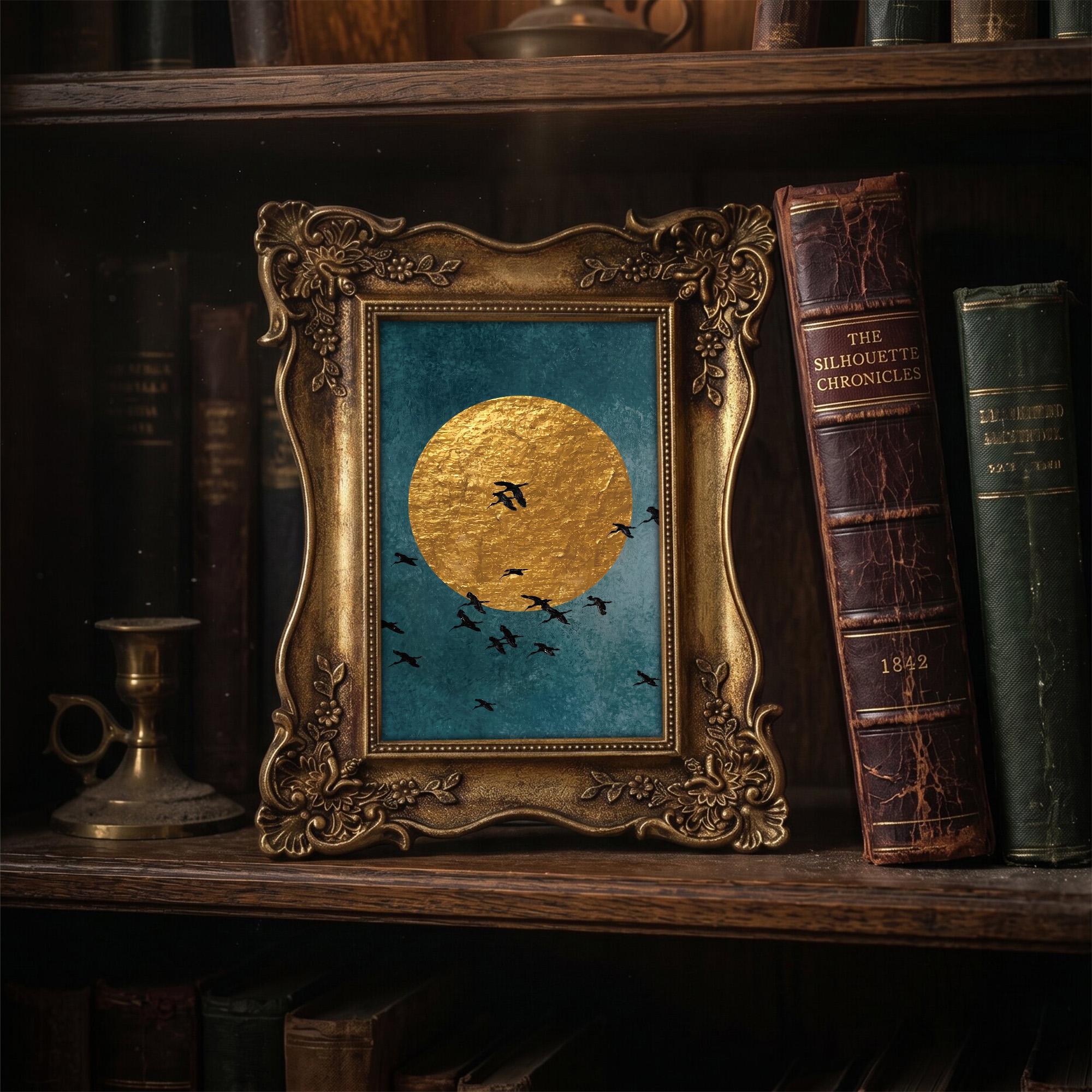 Gold Moon Wall Art, Birds Silhouette Gold Framed Print, Celestial Gold Leaf Decor, Victorian Gothic Wall Art, Ornate Gold Frame, Moody Gift