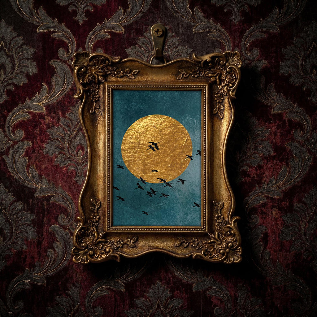 Gold Moon Wall Art, Birds Silhouette Gold Framed Print, Celestial Gold Leaf Decor, Victorian Gothic Wall Art, Ornate Gold Frame, Moody Gift