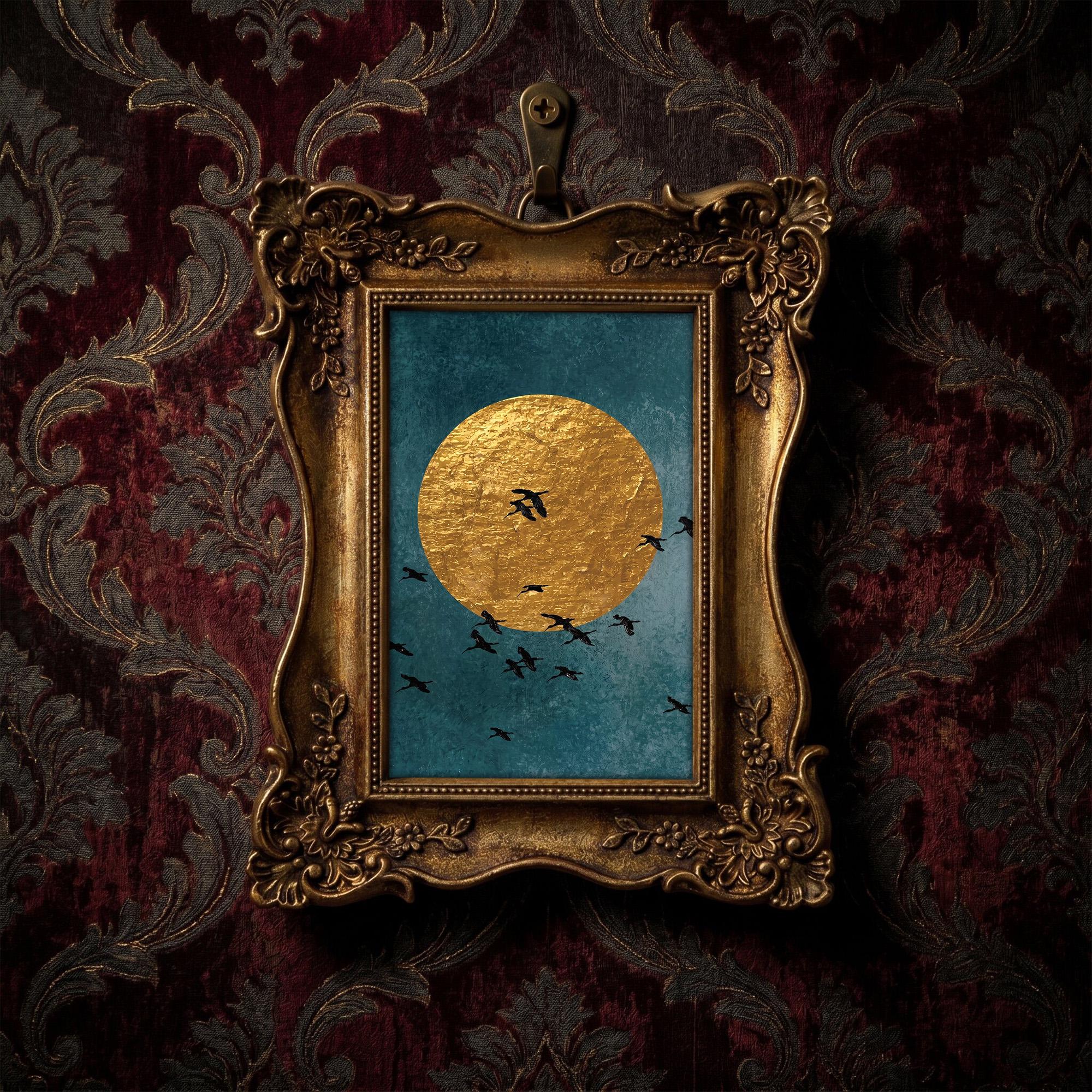 Gold Moon Wall Art, Birds Silhouette Gold Framed Print, Celestial Gold Leaf Decor, Victorian Gothic Wall Art, Ornate Gold Frame, Moody Gift