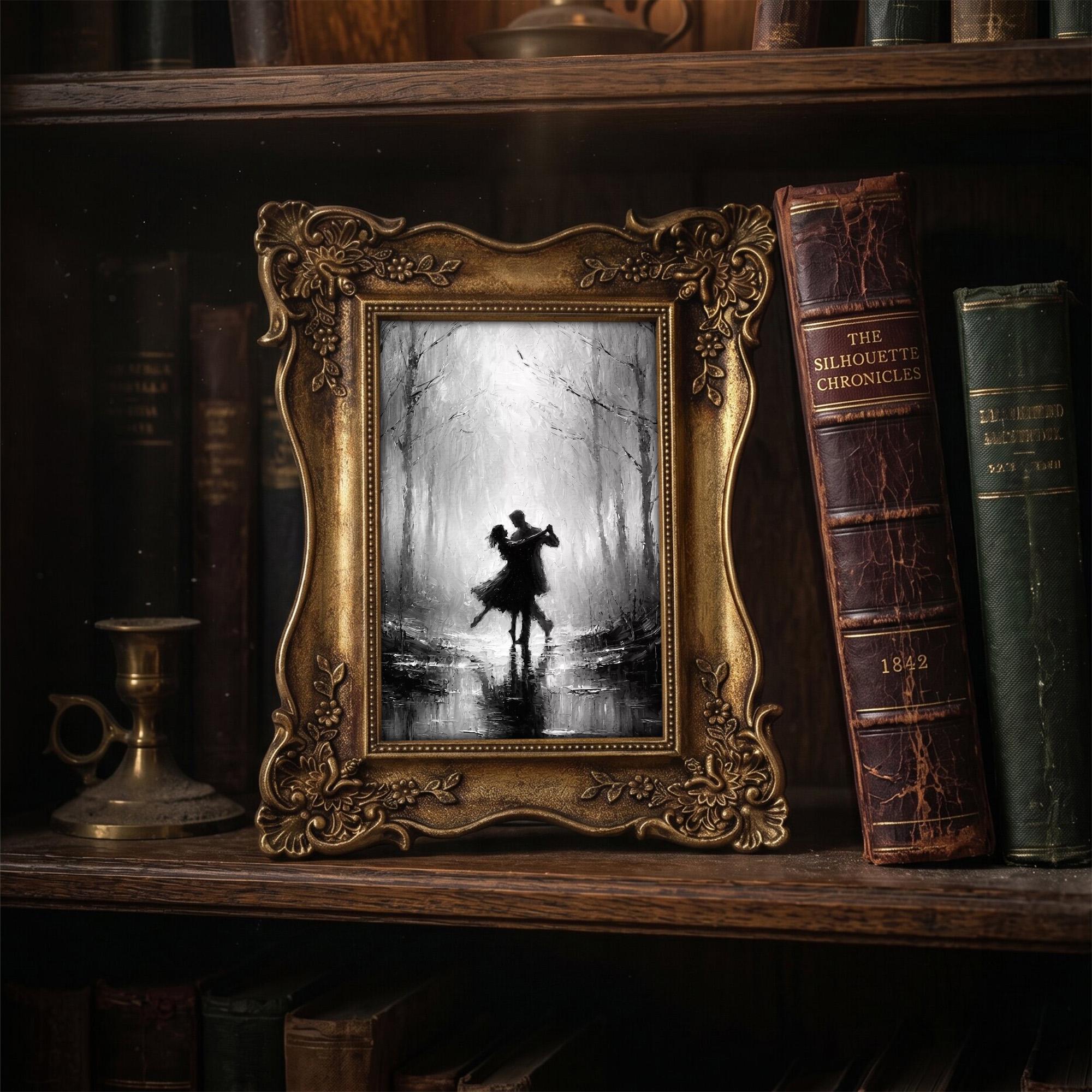 Romantic Couple Dancing Art, Dark Academia Wall Decor, Victorian Gold Framed Painting, Black and White Canvas Print, Vintage Ornate Frame