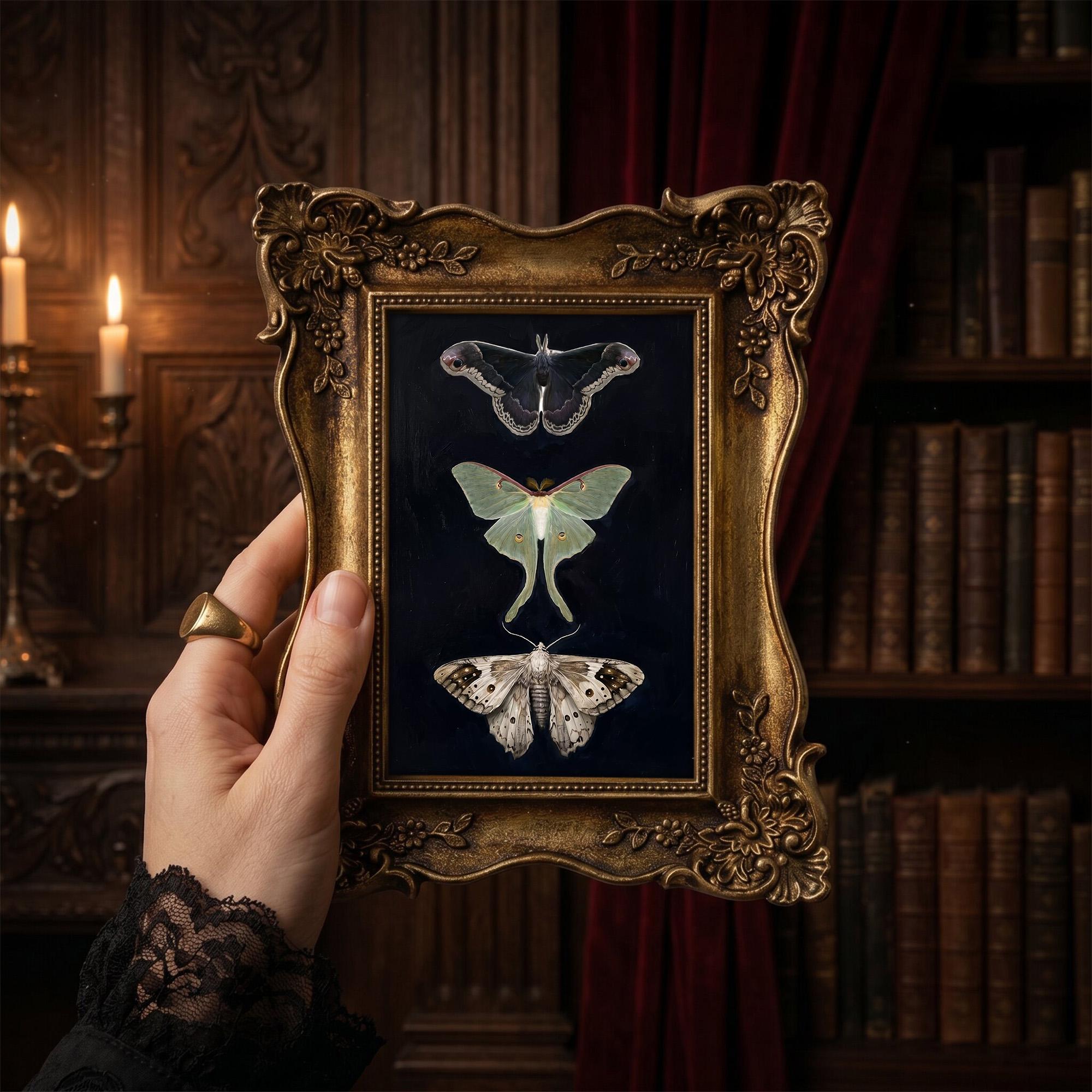 Dark Academia Moth Art, Luna Moth Gold Framed Print, Victorian Gothic Wall Decor, Vintage Insect Canvas, Ornate Gold Frame, Entomology Gift
