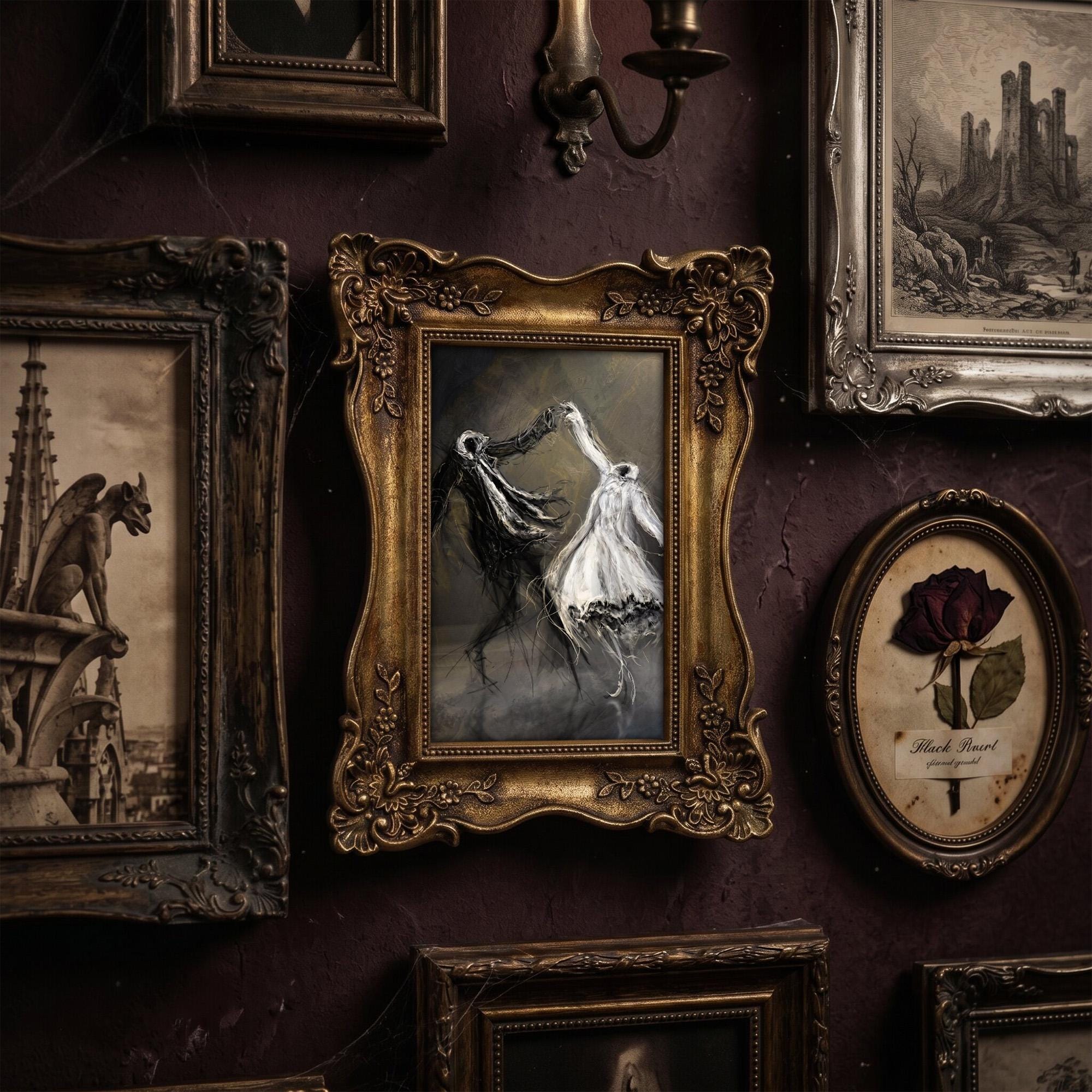 Dancing Ghosts Art, Dark Academia Wall Decor, Victorian Gold Framed Painting, Gothic Ghost Art Print, Moody Haunted Decor