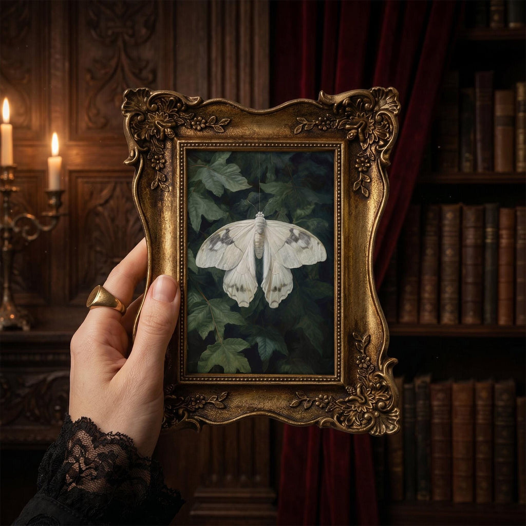 Dark Academia Moth Art, Victorian Gold Framed Butterfly, Gothic Wall Decor, White Moth Canvas Print, Vintage Ornate Frame, Moody Home Gift