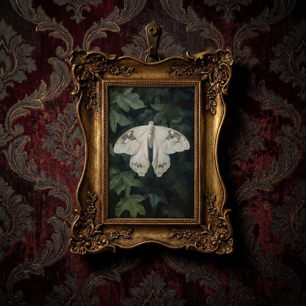 Dark Academia Moth Art, Victorian Gold Framed Butterfly, Gothic Wall Decor, White Moth Canvas Print, Vintage Ornate Frame, Moody Home Gift