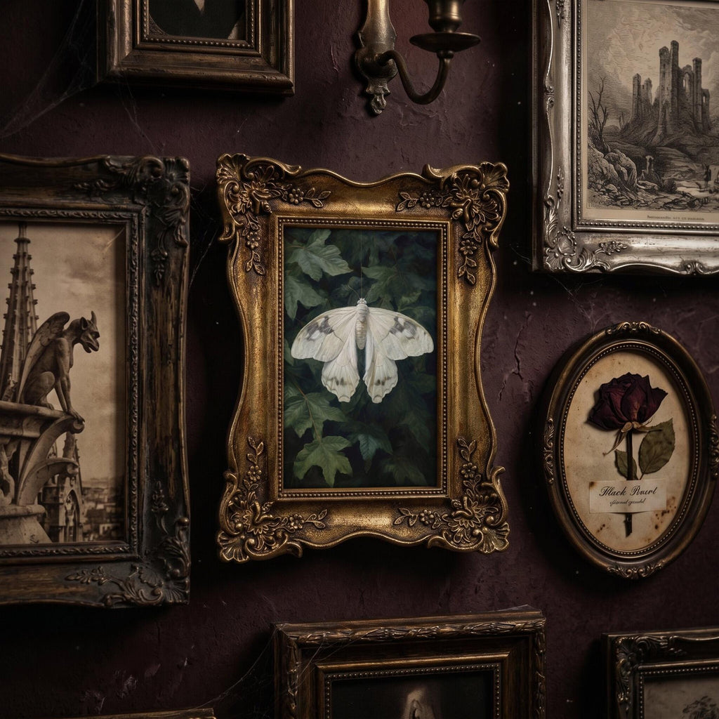 Dark Academia Moth Art, Victorian Gold Framed Butterfly, Gothic Wall Decor, White Moth Canvas Print, Vintage Ornate Frame, Moody Home Gift