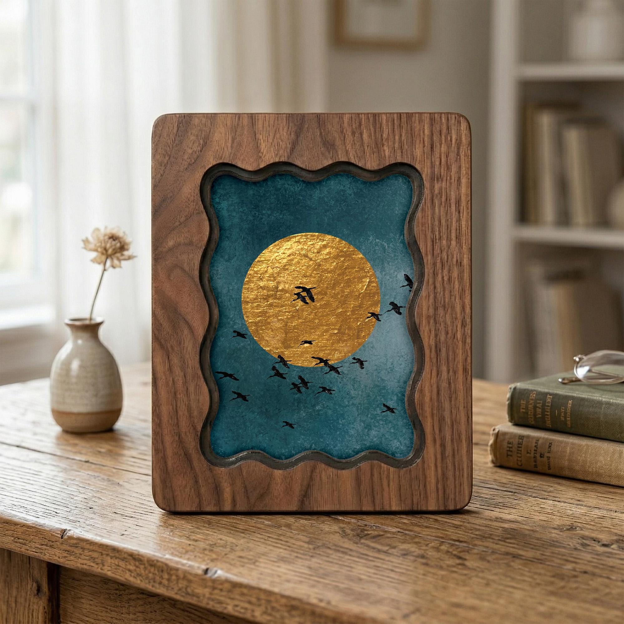 Gold Moon Wall Art, Birds Silhouette Wood Frame, Celestial Gold Leaf Print, Zen Nature Decor, Minimalist Night Sky Art, Housewarming Gift